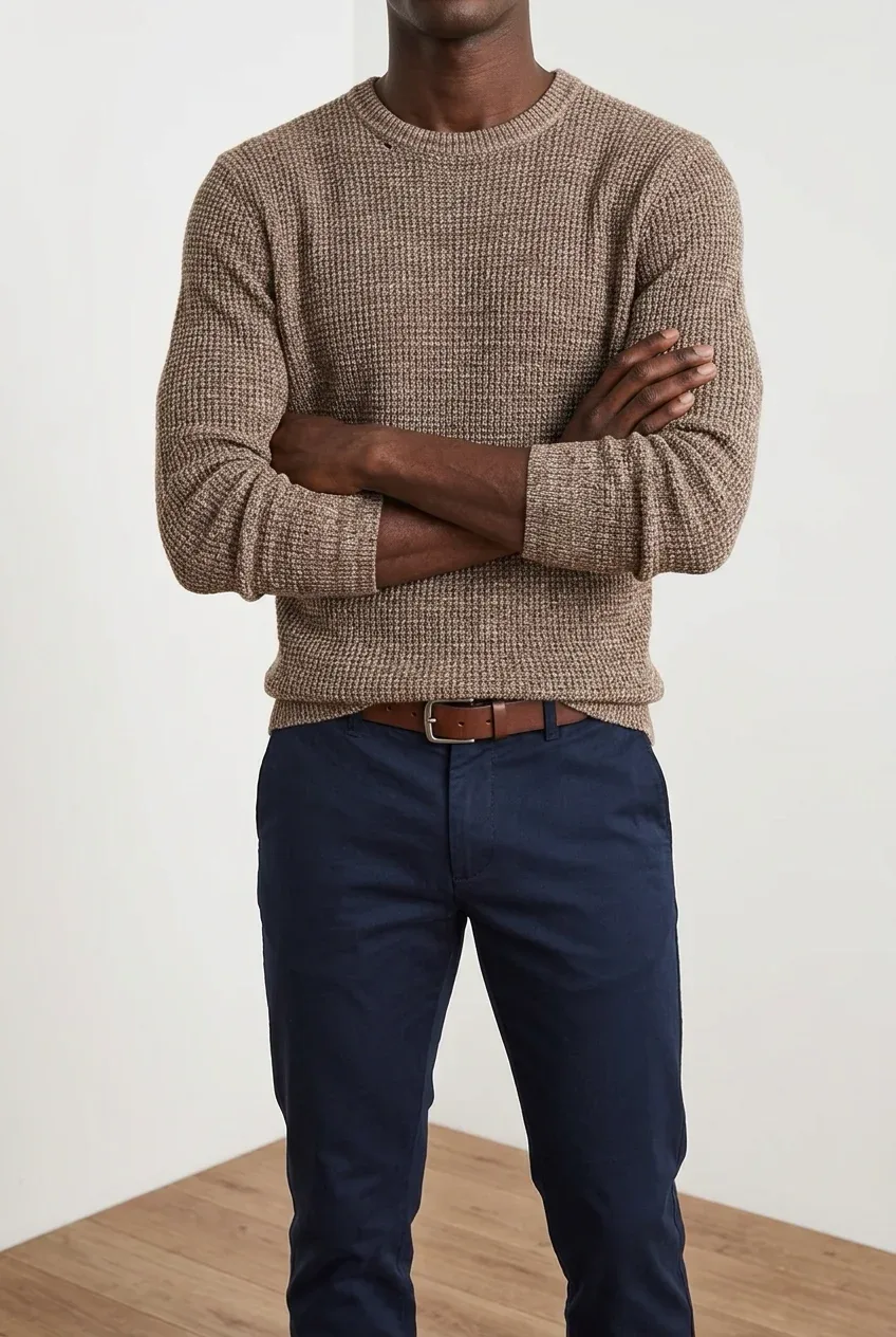 H&M Men's Brown Melange Waffle Knit Crewneck Sweater — Size Small