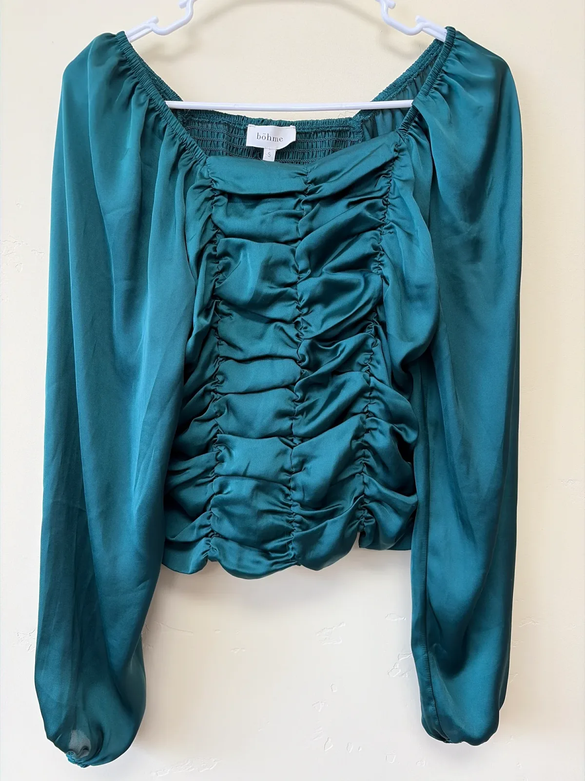 Böhme Square-Neck Ruched Satin Long-Sleeve Blouse - Size Small photo 2