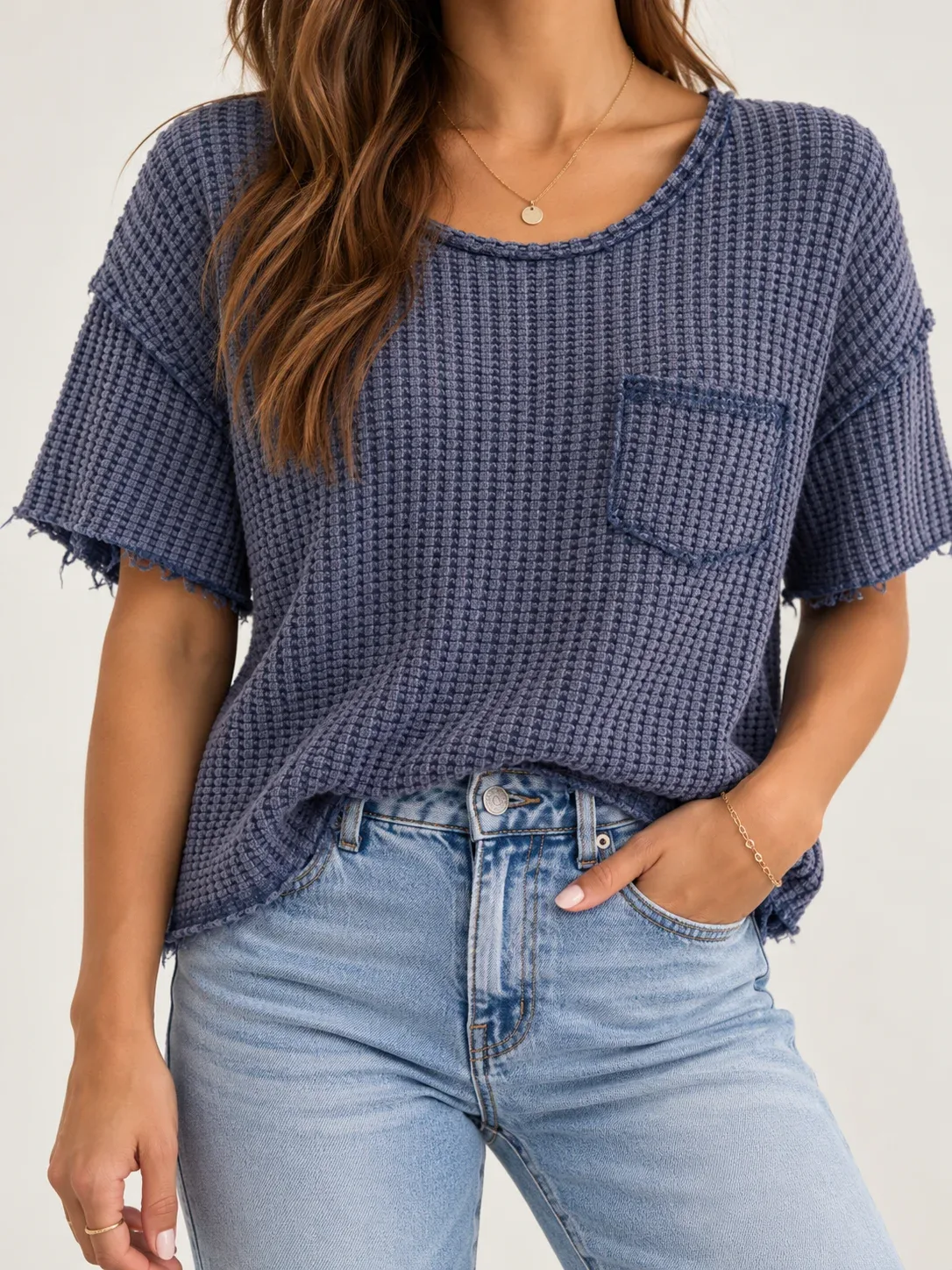 Böhme Women's Blue Gray Waffle Knit Crop Top Raw Hem Pocket Tee Size XS