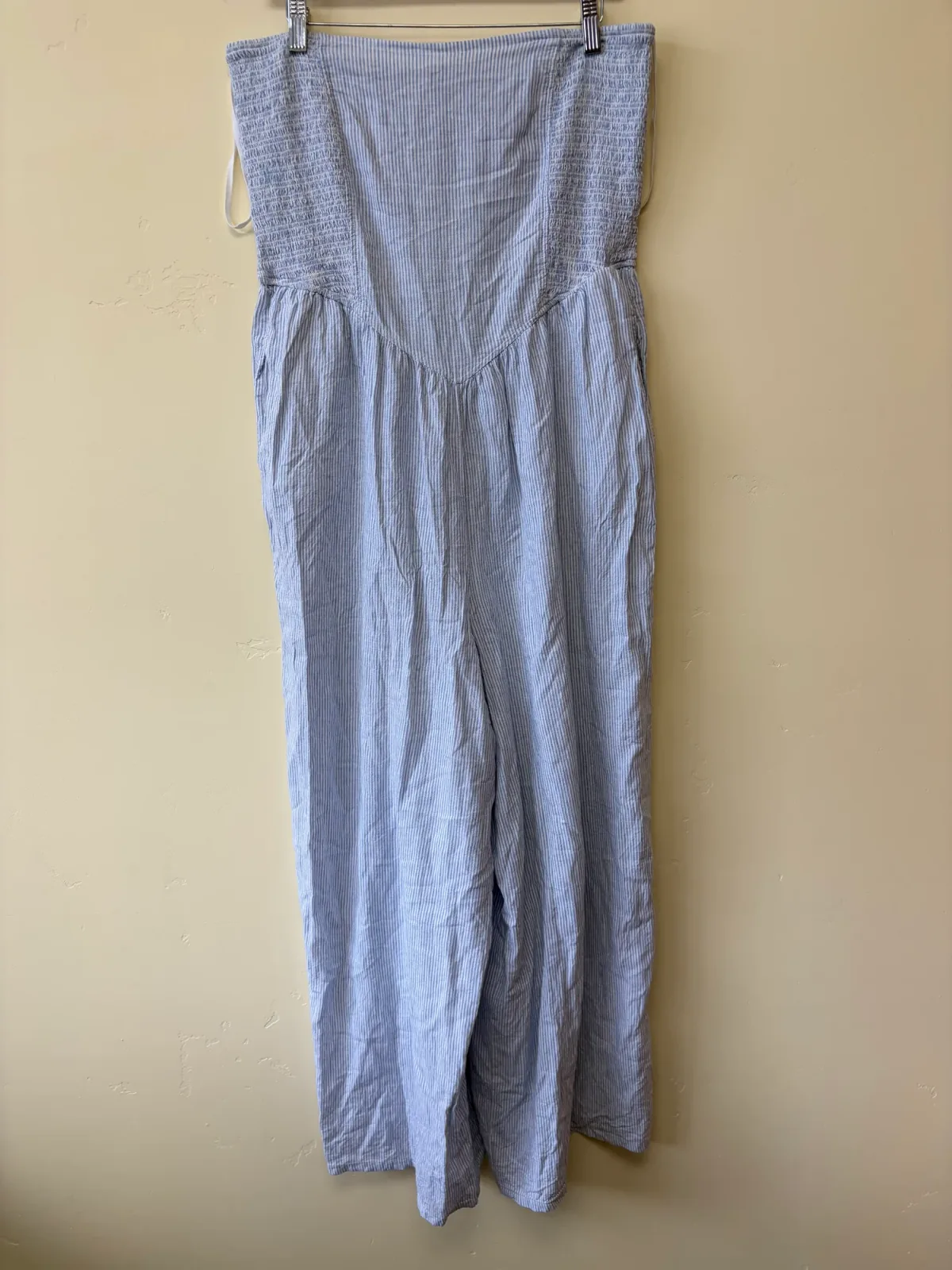 Aerie Women's Blue White Pinstripe Strapless Smocked Wide Leg Jumpsuit Size XL photo 2