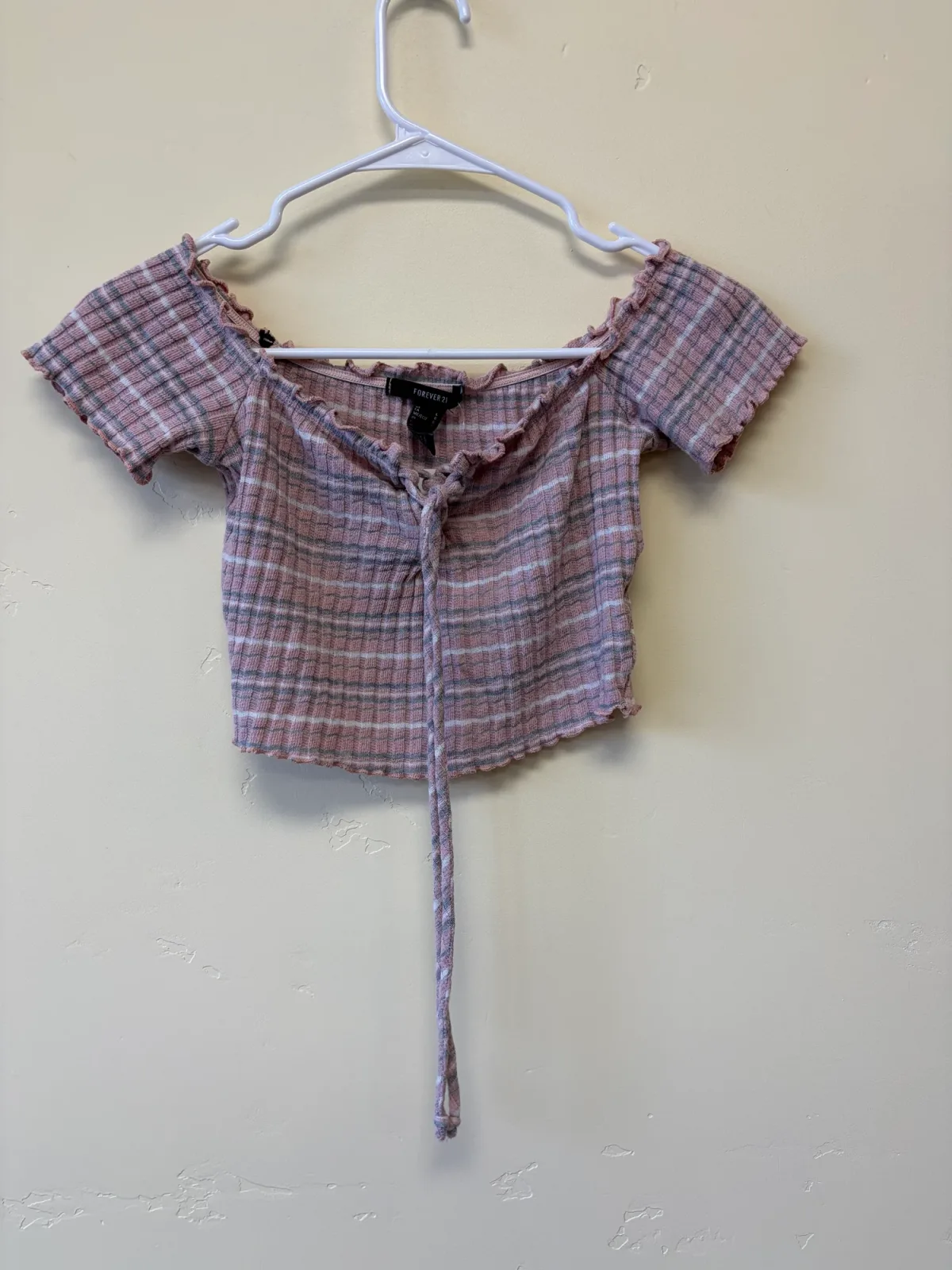 Forever 21 Women's Off the Shoulder Plaid Ribbed Crop Top Pink Size L photo 2