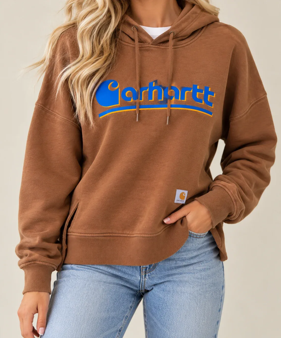 Carhartt Women's TENCEL Fiber Series Loose Fit Graphic Hoodie Brown Blue Retro Logo - Size L 12-14