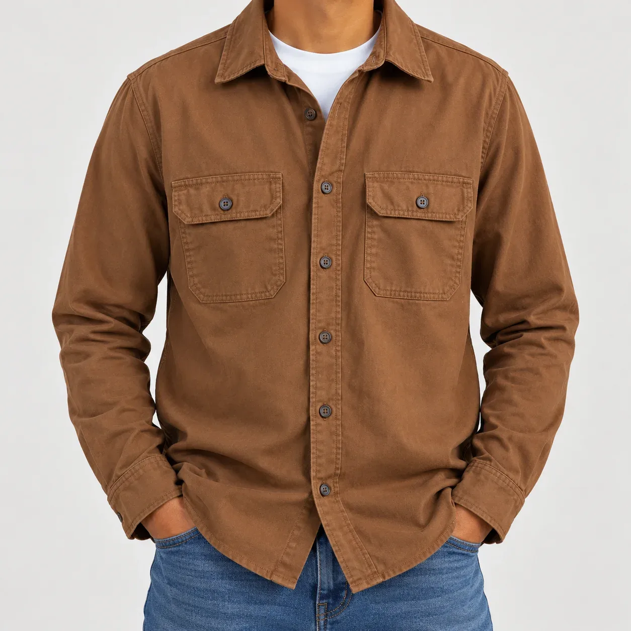 Aéropostale Men’s Canvas Utility Button-Down Shirt Jacket - Saddle Brown, Size Small
