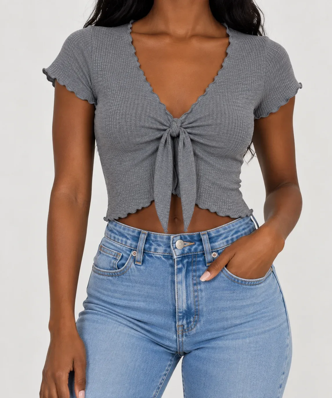 Audrey 3+1 Women's Ribbed Tie Front Crop Top Heather Gray Short Sleeve