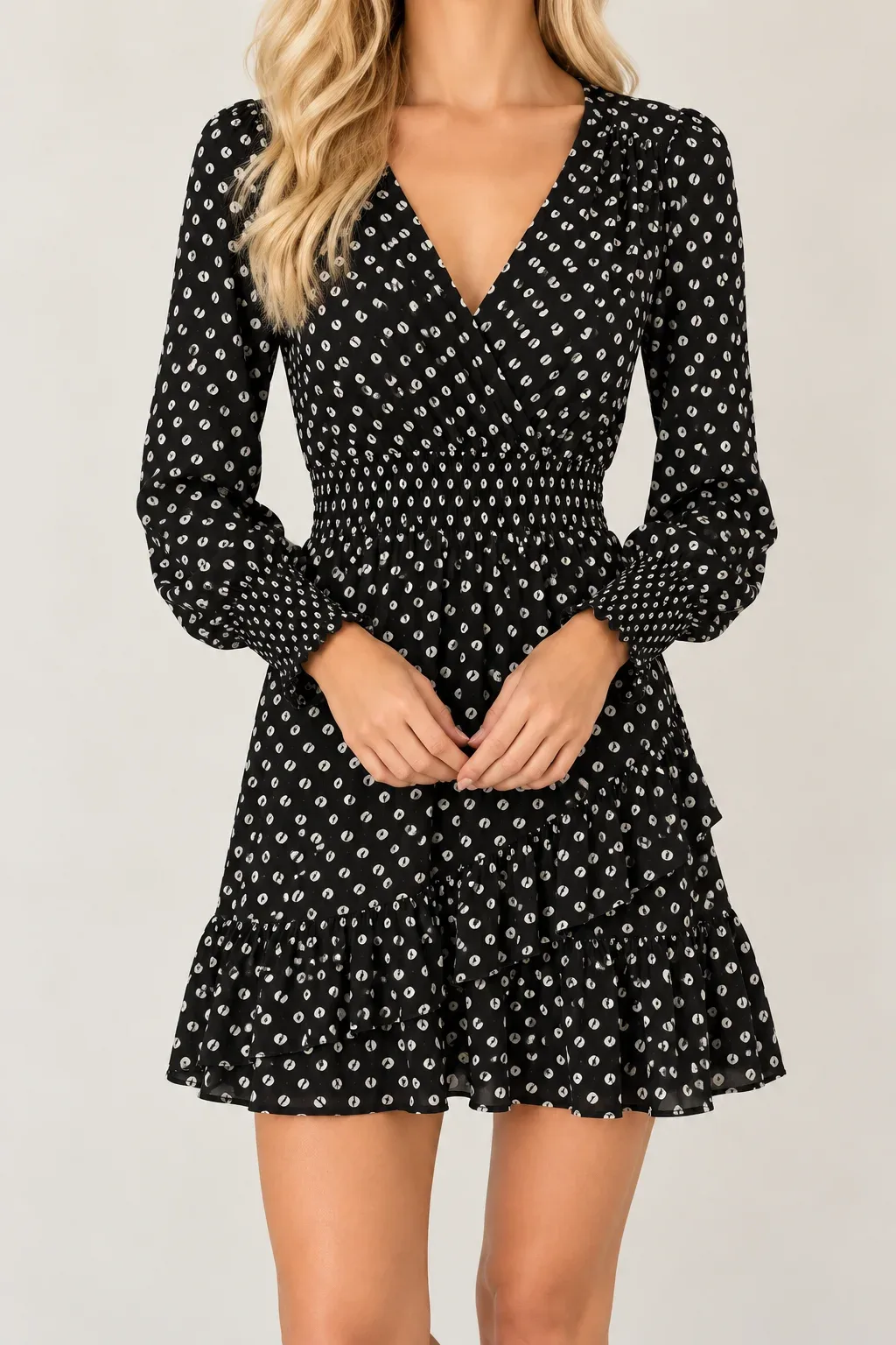 MICHAEL Michael Kors Black White Polka Dot Smocked Waist Faux Wrap Dress Size S