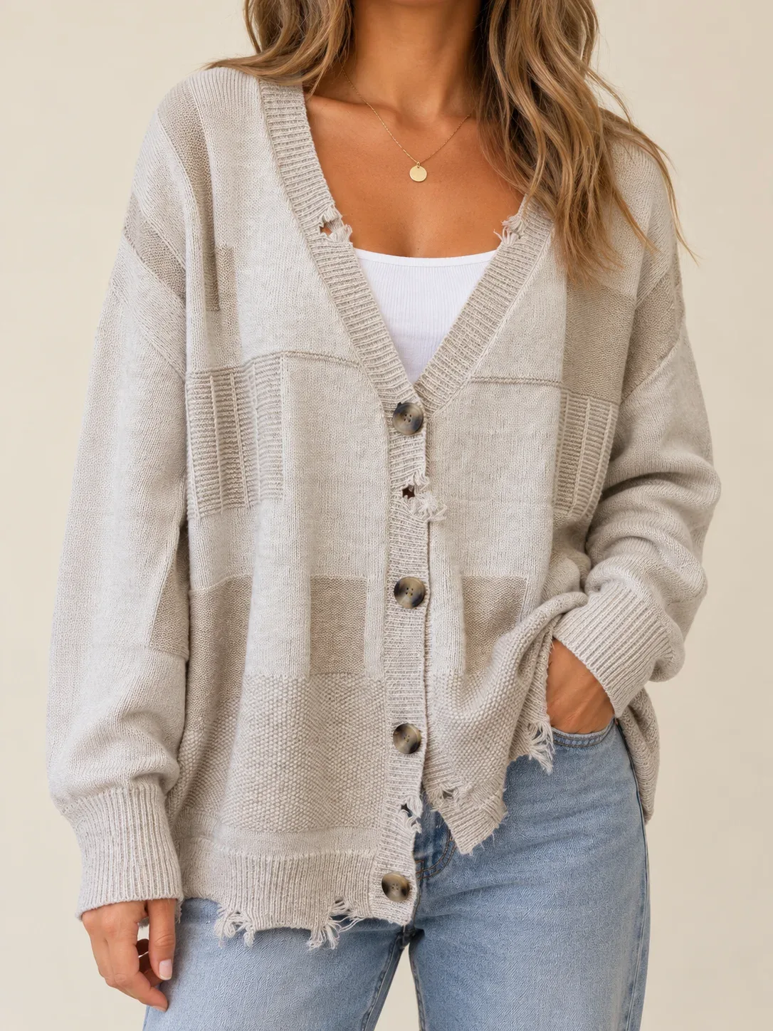BKE Distressed Patchwork Mixed Knit Button Front Cardigan Sweater Neutral Colorblock - Women's Size M