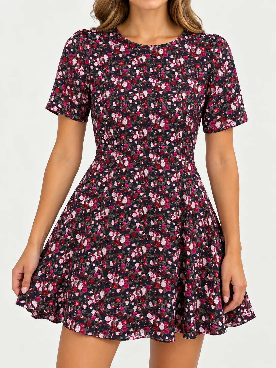 H&M Women's Dark Floral Short Sleeve Fit & Flare Mini Dress Black Pink Size 4