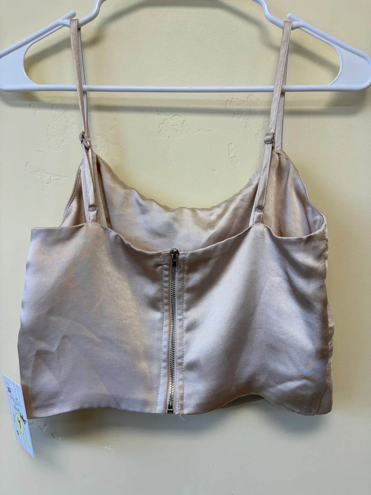 Lulus Women's Satin Ruched Crop Top Champagne Beige Cami Strap Size S photo 3