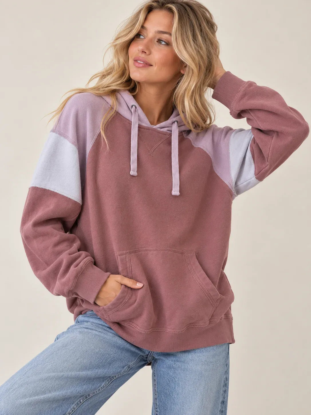 Abercrombie & Fitch Women’s Soft A&F Fleece Colorblock Raglan Hoodie - Mauve/Blush Pink, Size Medium