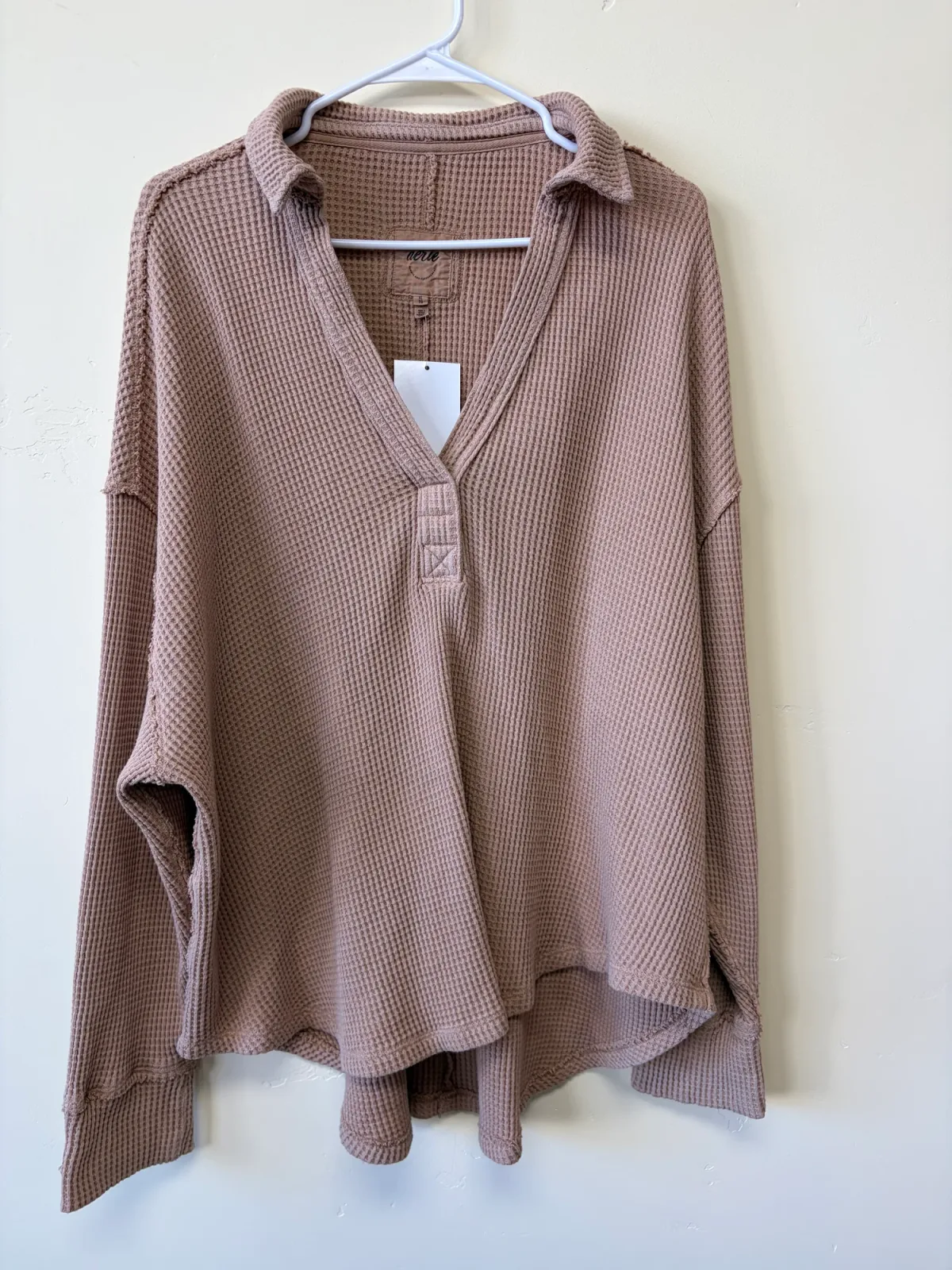 Aerie Women’s LumberJane Oversized Waffle Knit Polo Henley Sweatshirt - Mauve Taupe, Size XL photo 2
