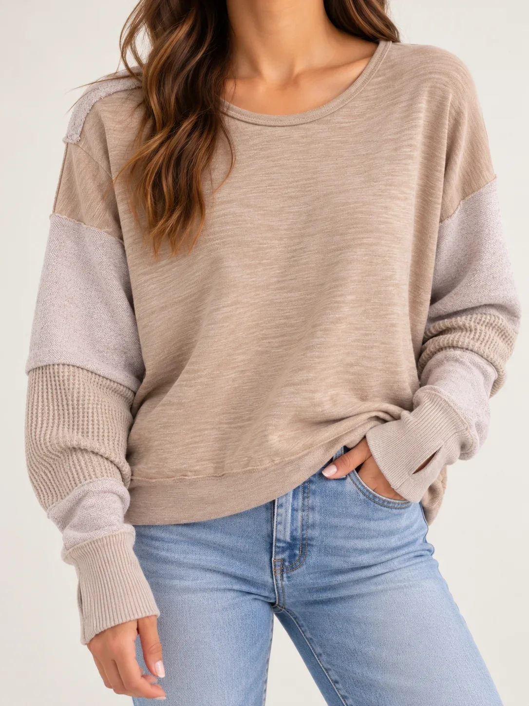 Böhme Women's Blush Pink Beige Mixed Media Patchwork Sweatshirt Thumbholes Size XS