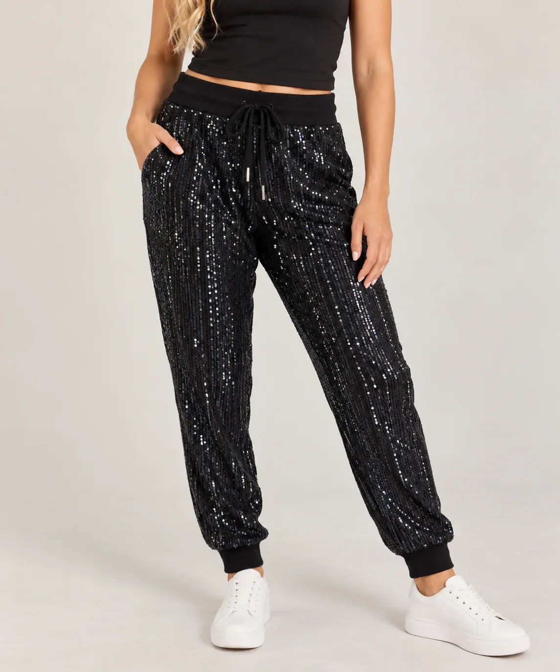 Saints & Hearts Black Sequin Jogger Pants Women's Size Medium VGUC