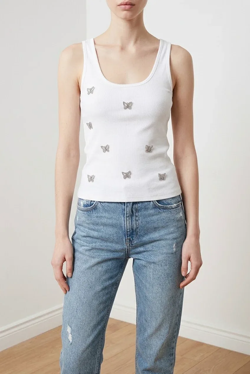 Zara Y2K Ribbed Tank Top with Rhinestone Butterfly Details