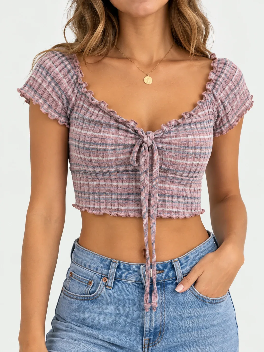 Forever 21 Women's Off the Shoulder Plaid Ribbed Crop Top Pink Size L