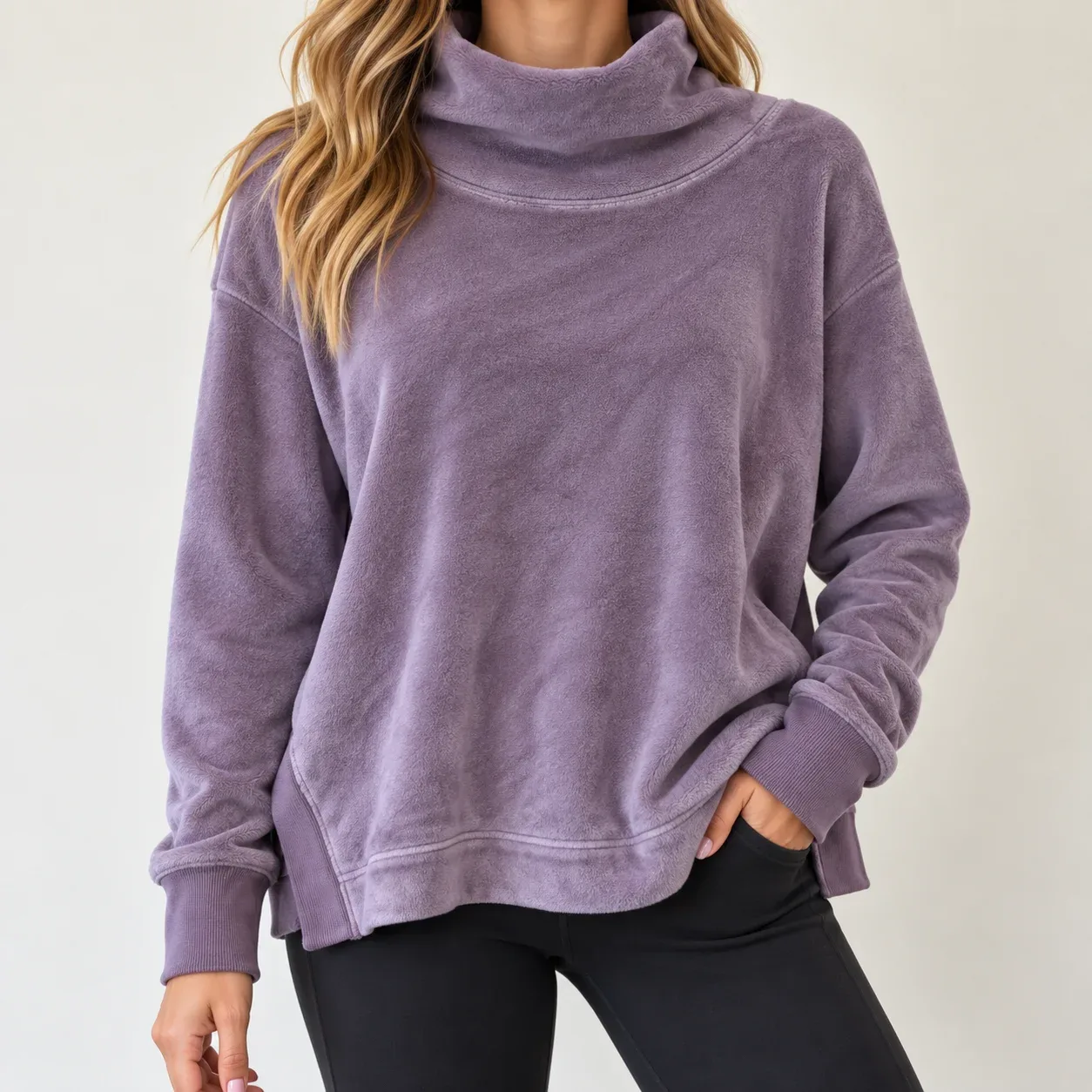 Athleta Cozy Velvet Velour Cowl Neck Pullover Sweatshirt in Mauve - Size XL