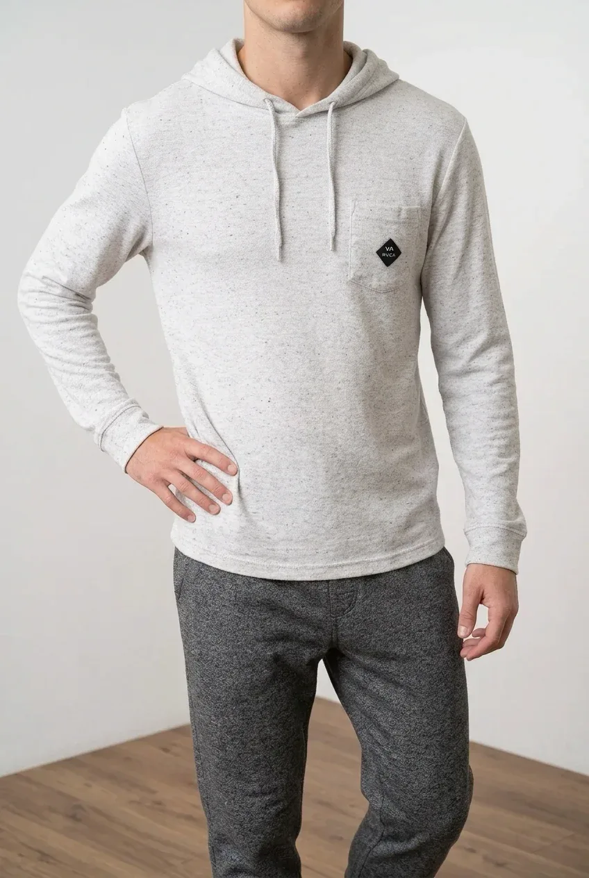 RVCA Mens Speckled Fleece Pullover Hoodie Lightweight Pocket Sweatshirt Oatmeal