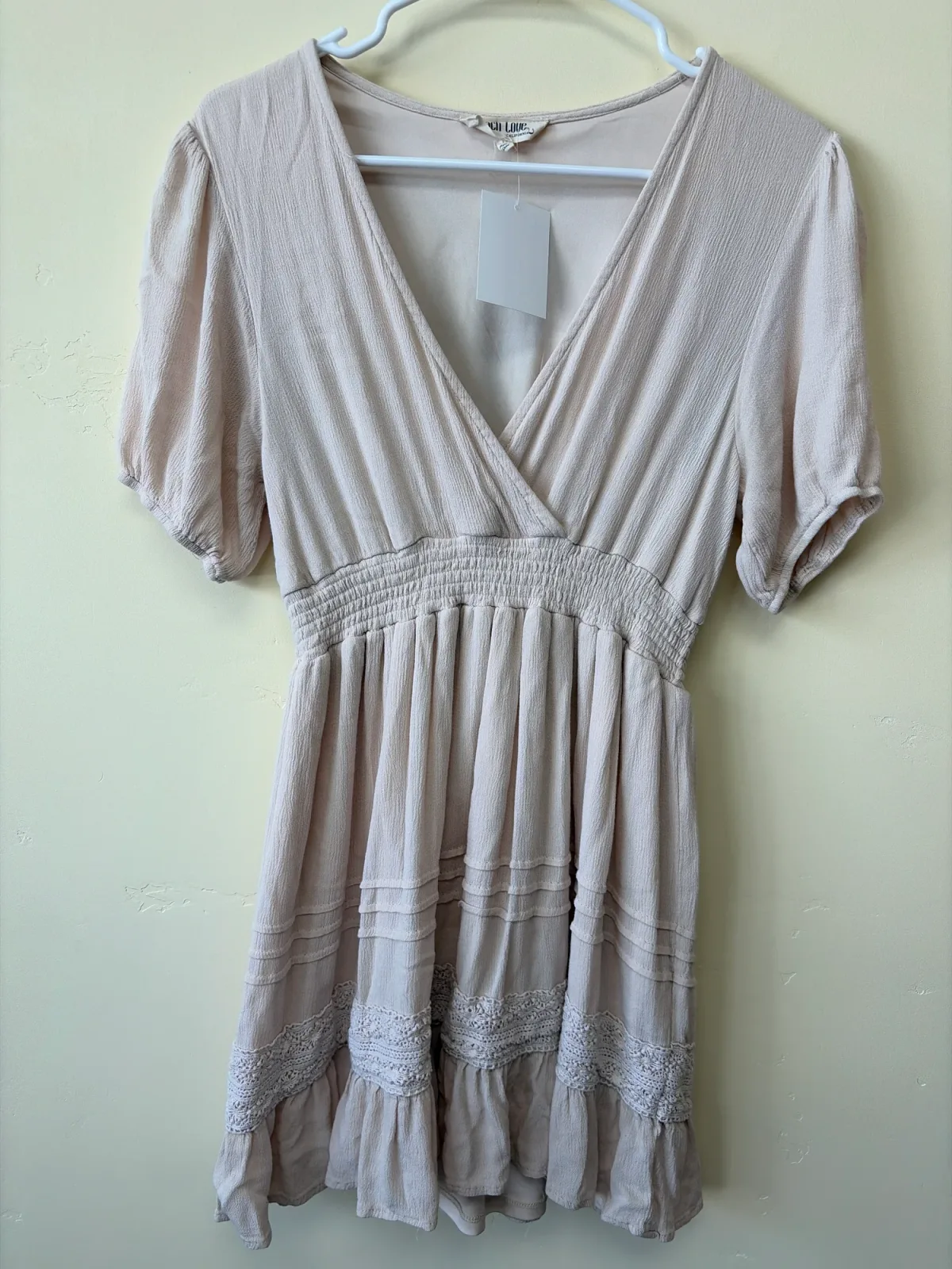 Peach Love Women’s Blush Pink Lace Trim Midi Dress Size Large photo 2