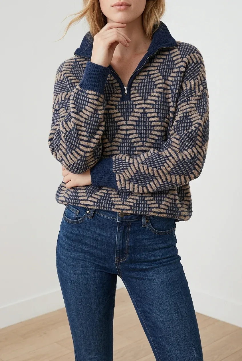 BKE Women's Navy and Tan Geometric Knit Quarter-Zip Pullover Sweater — Size Medium