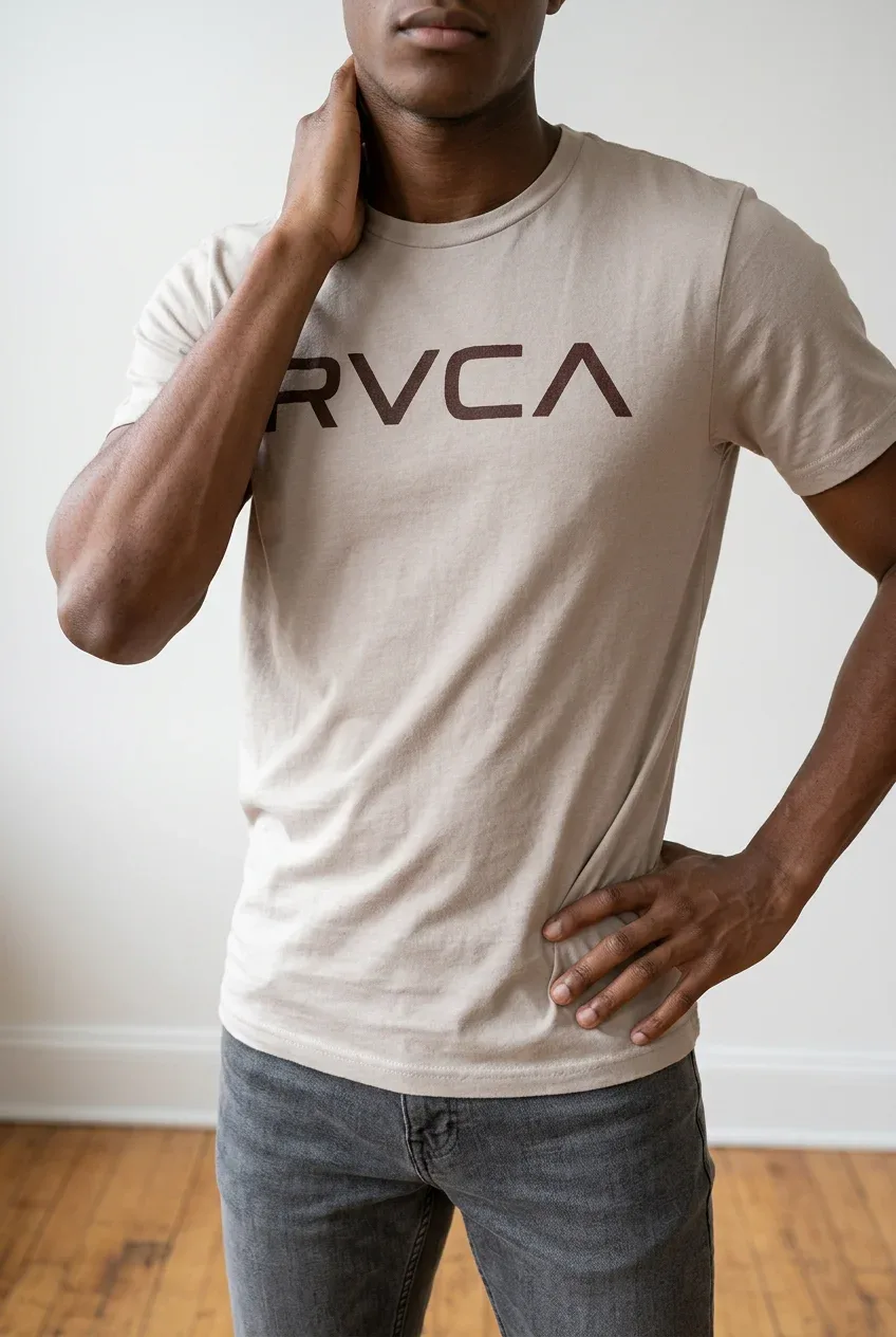 RVCA Mens Big Logo Graphic Crew Neck Short Sleeve T-Shirt Beige Tan Small