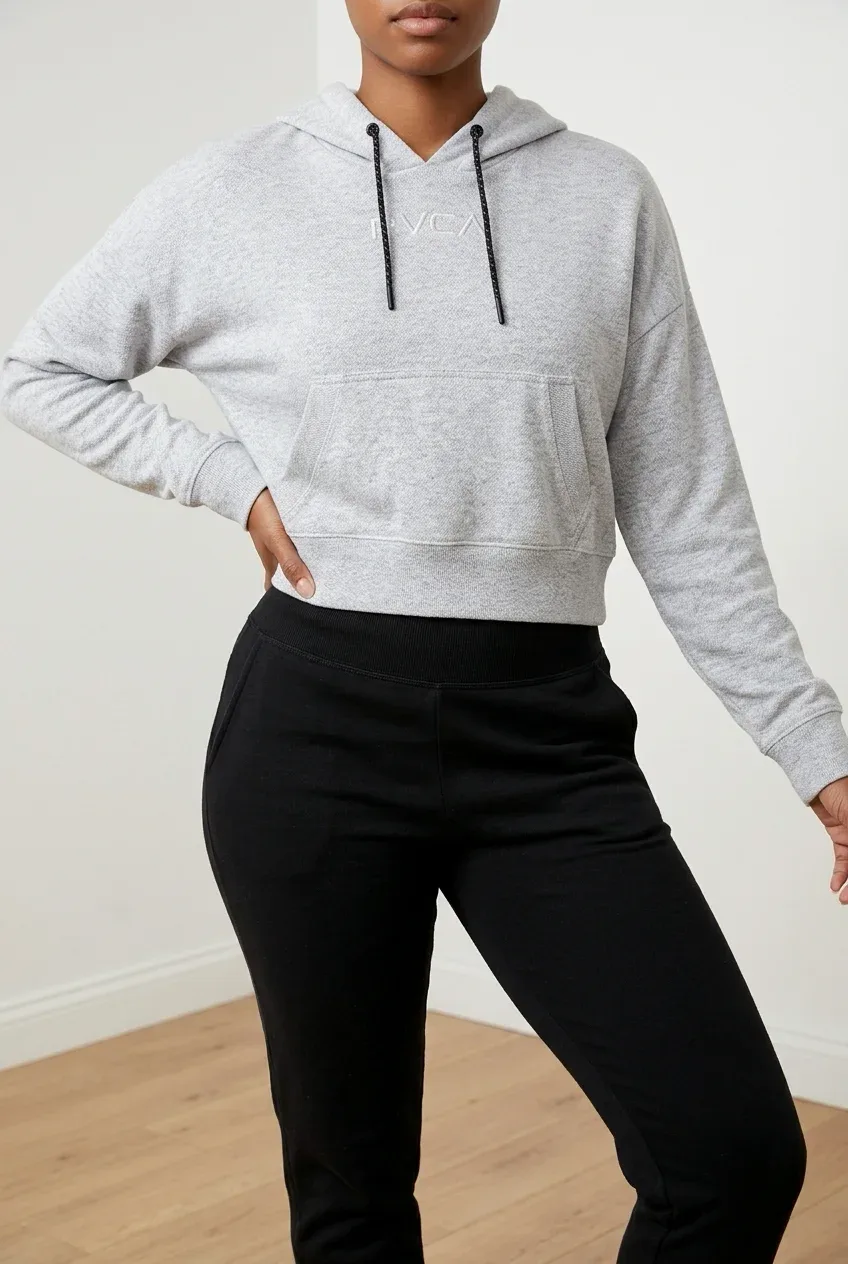 RVCA Women's Heather Grey Cropped Pullover Hoodie - Size Small