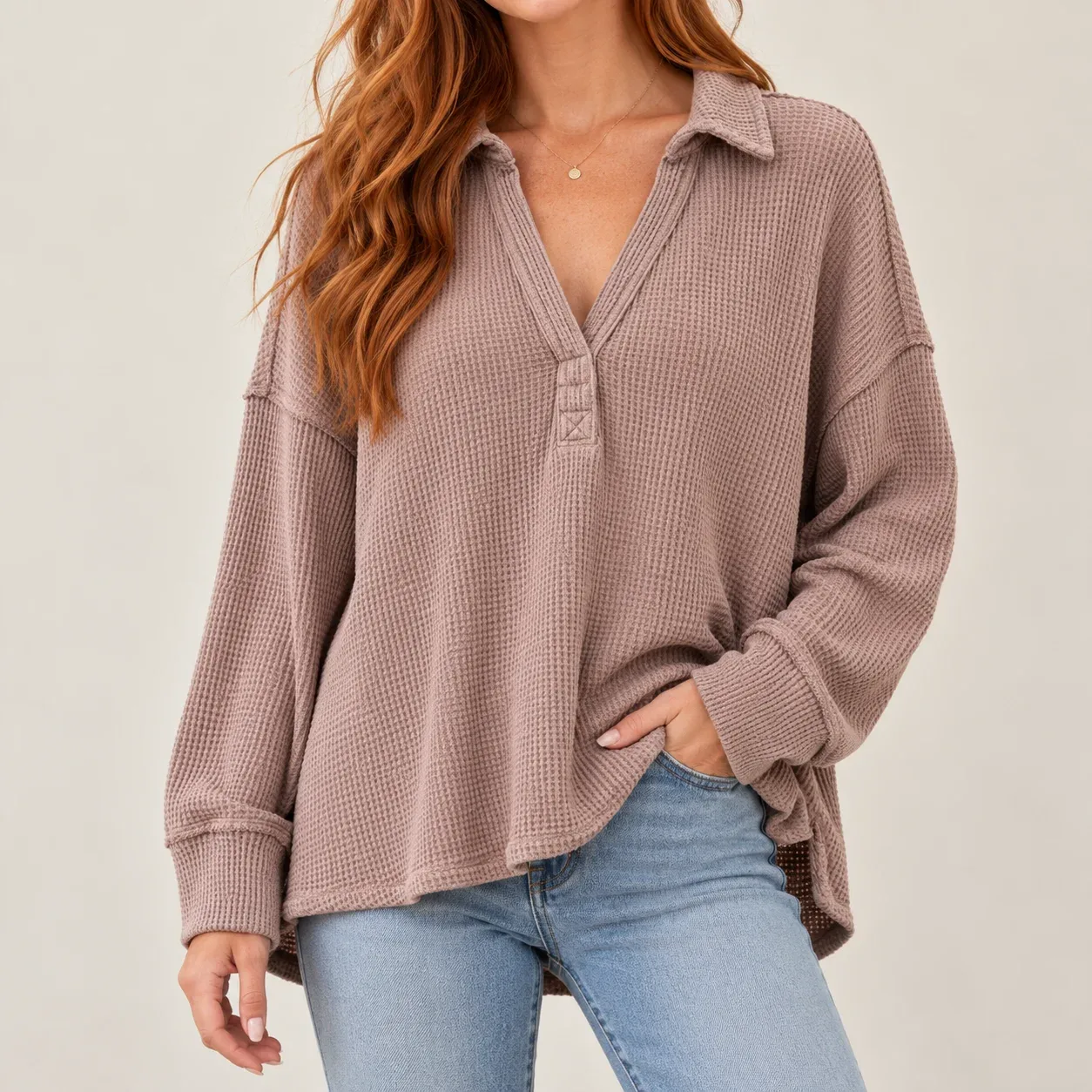 Aerie Women’s LumberJane Oversized Waffle Knit Polo Henley Sweatshirt - Mauve Taupe, Size XL