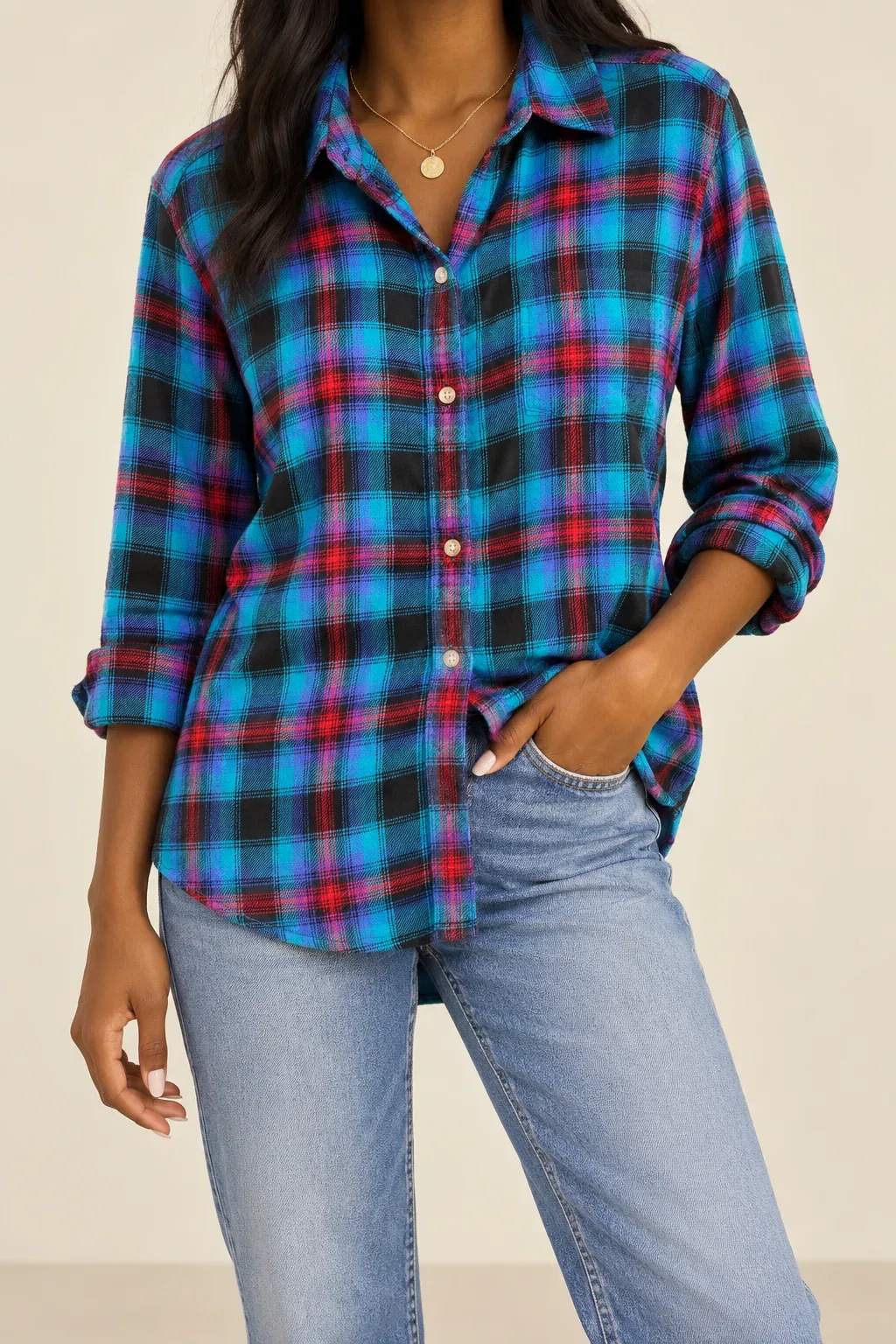 American Eagle Ahh-Mazingly Soft Boyfriend Fit Plaid Flannel Button-Up Shirt - Women's Size L
