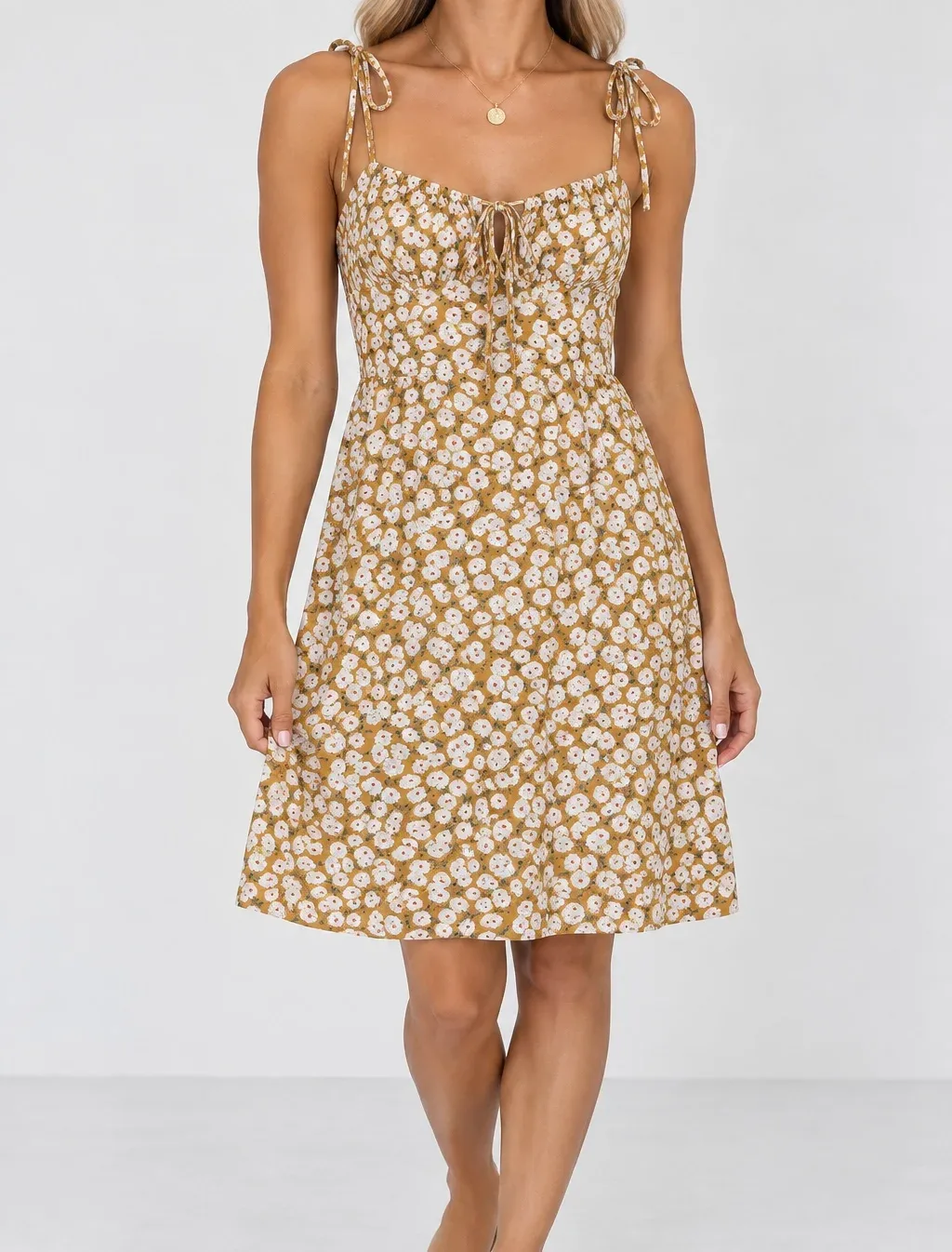 White Fox Boutique Women's Ditsy Floral Tie Strap Mini Dress Mustard Yellow Size XS