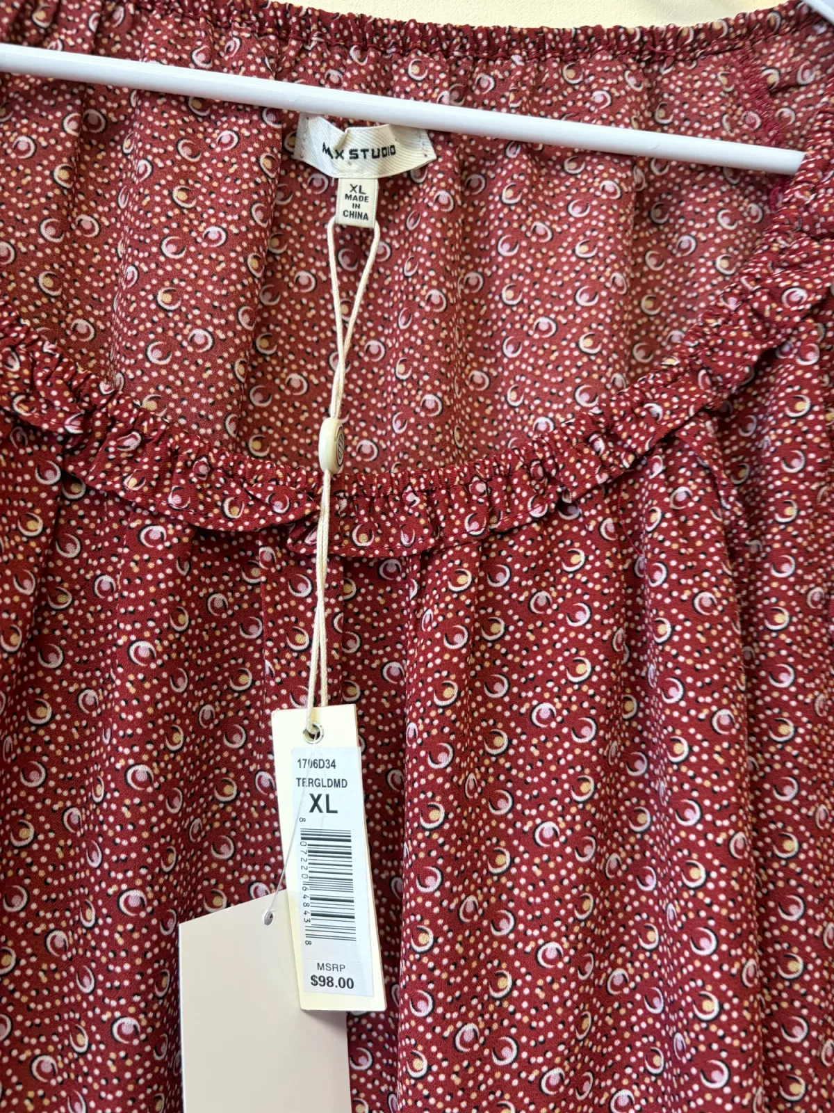 Max Studio Women's Ruffle Accent Long Sleeve Blouse Brick Red Geometric Print NWT Size XL photo 4
