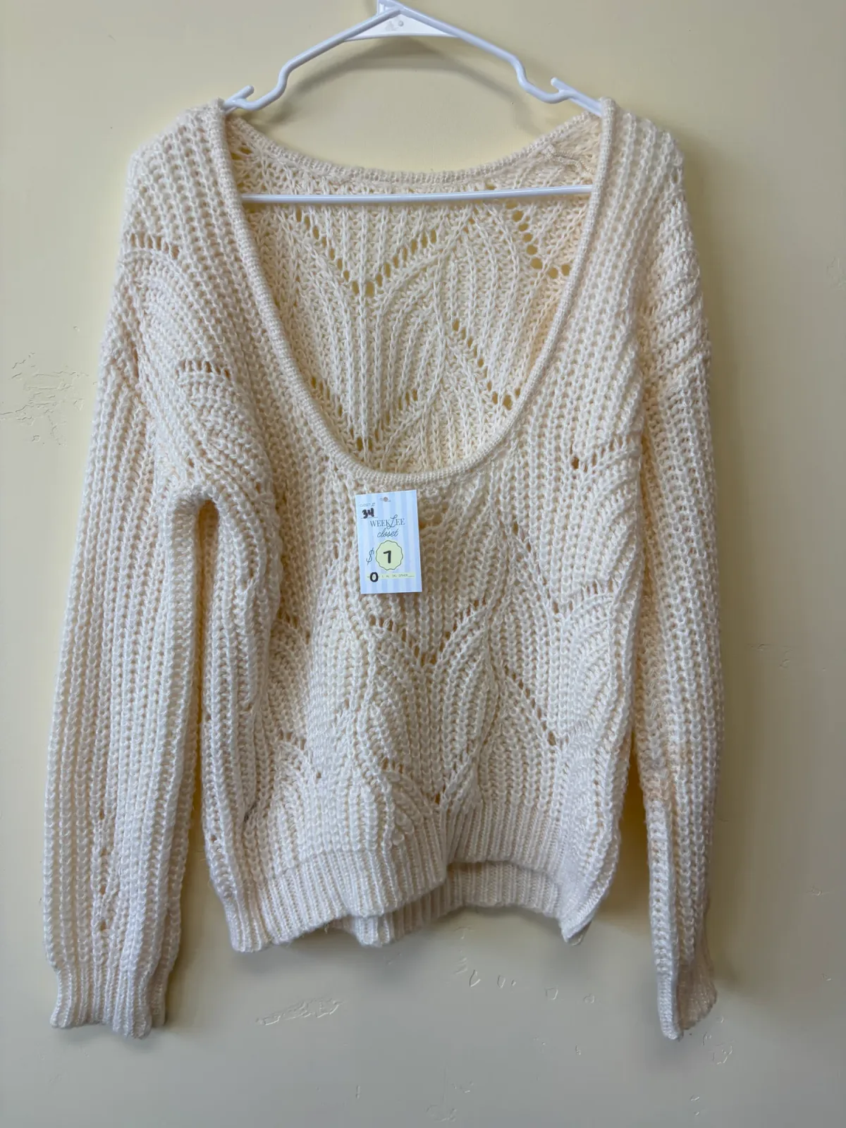 Böhme Women's Cream Off-White Low Scoop Back Open Stitch Cable Knit Sweater Size S photo 3