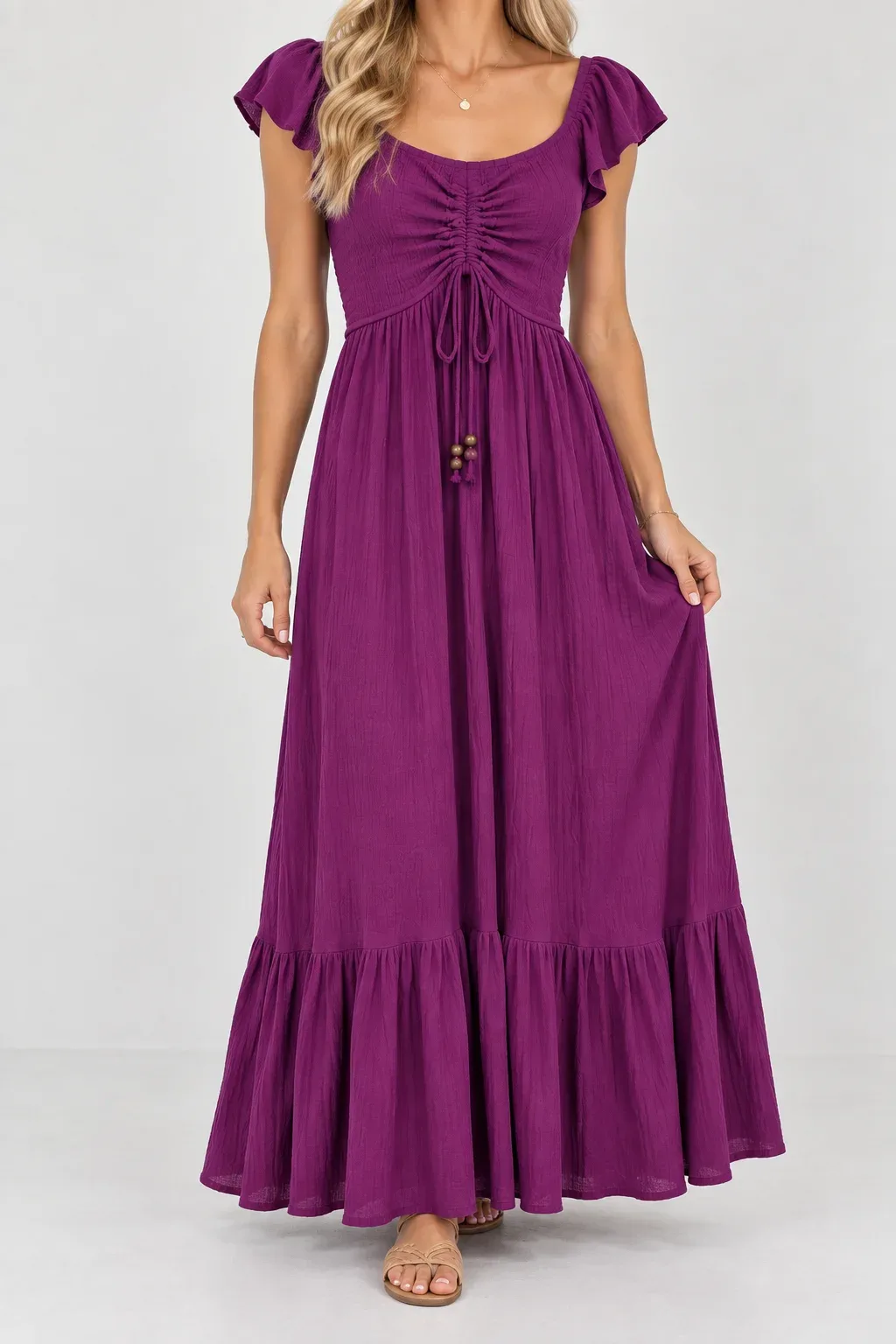 Dress Day Women's Smocked Ruched Ruffle Hem Maxi Dress Magenta Purple Size S