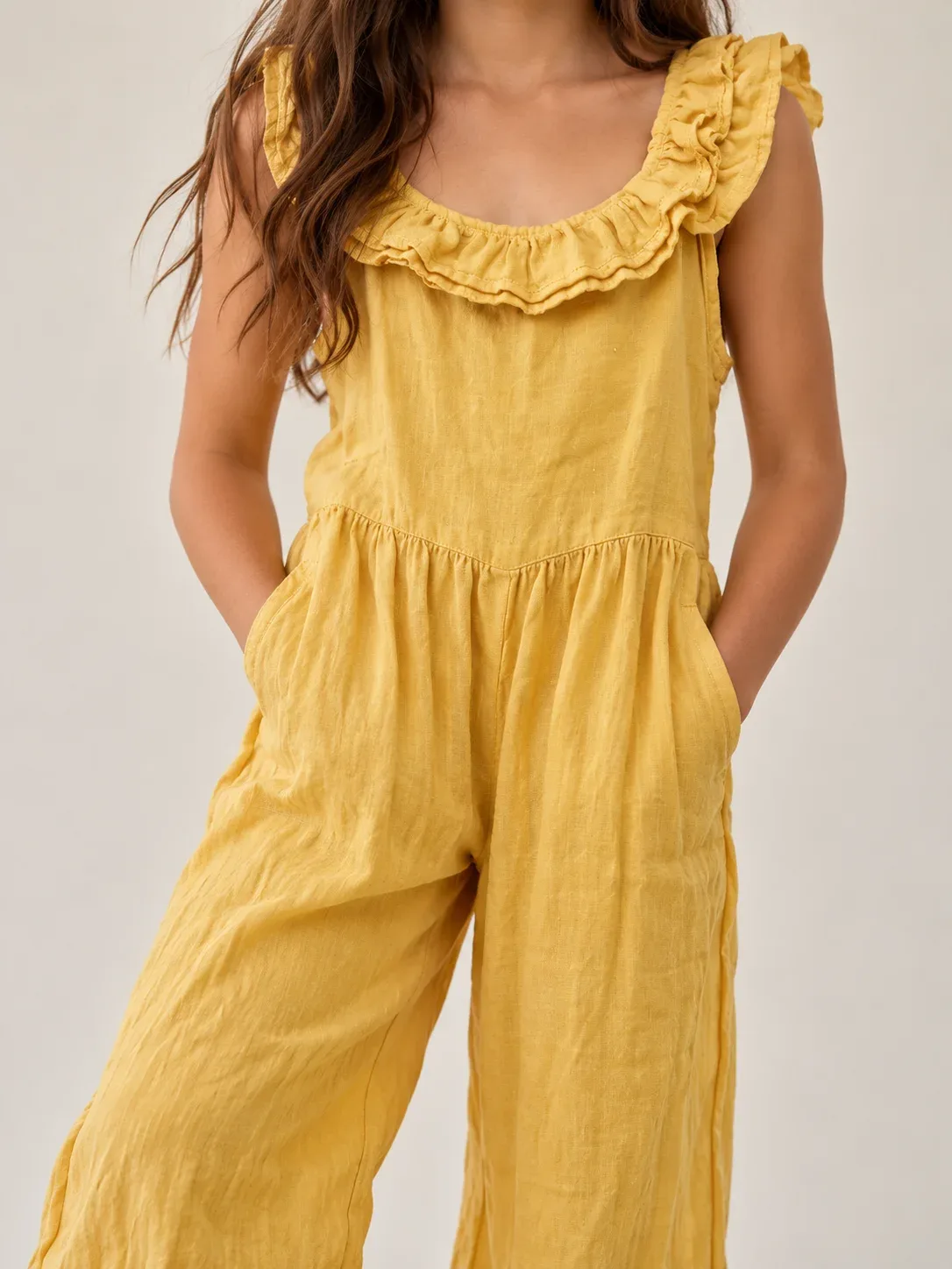 Zara Kids Girls’ Ruffled Open Back Linen Jumpsuit - Marigold Yellow, Size 8 (128 cm)