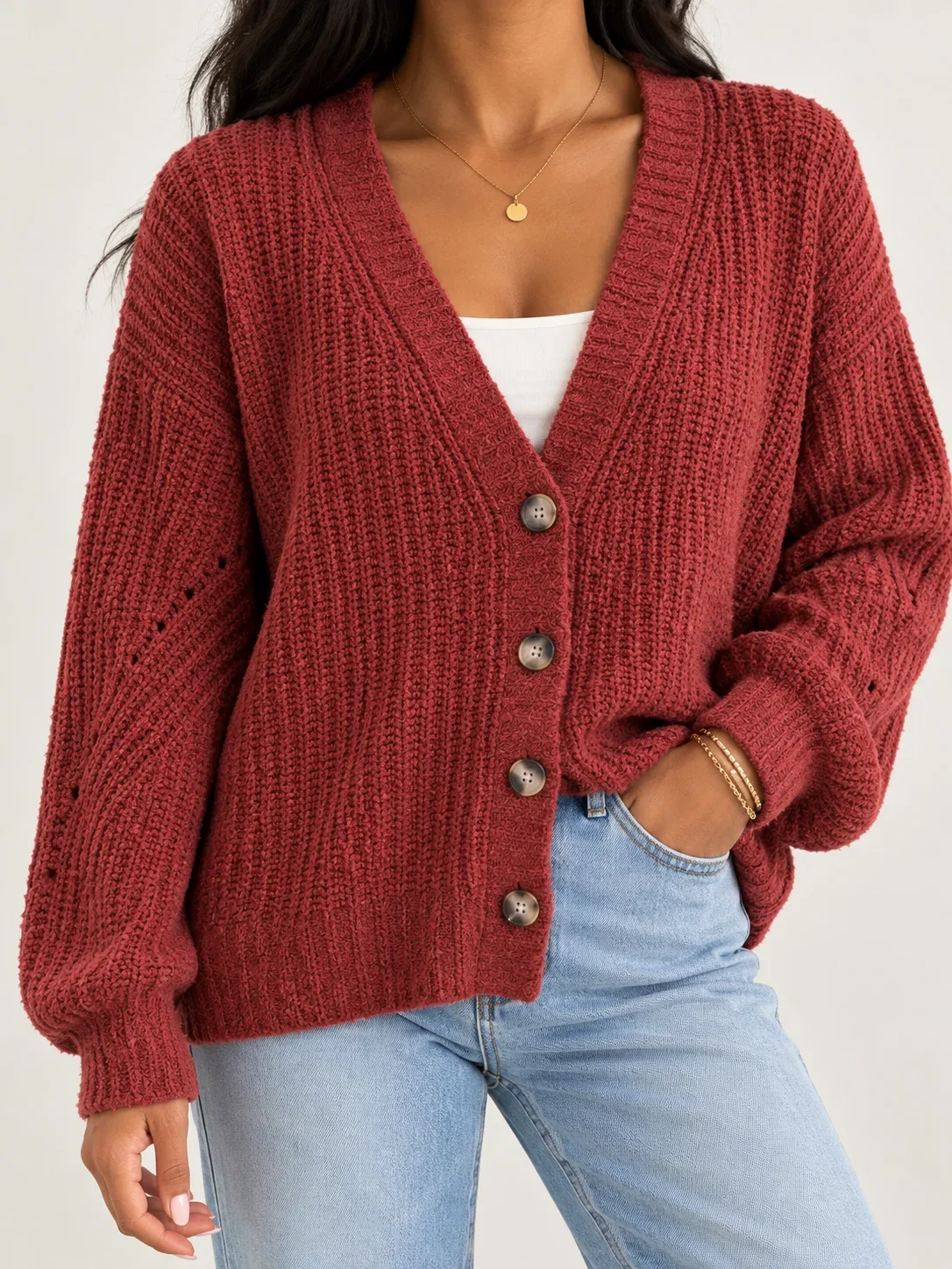 American Eagle Women's Rust Red V-Neck Button-Front Cardigan Sweater Size M