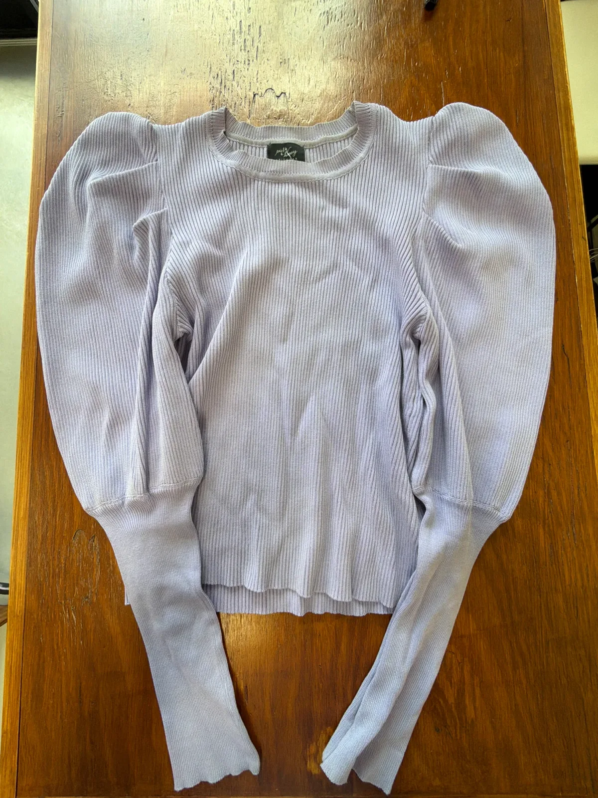 Milky & Honey Lavender Purple Ribbed Puff Sleeve Statement Knit Sweater Size M photo 2