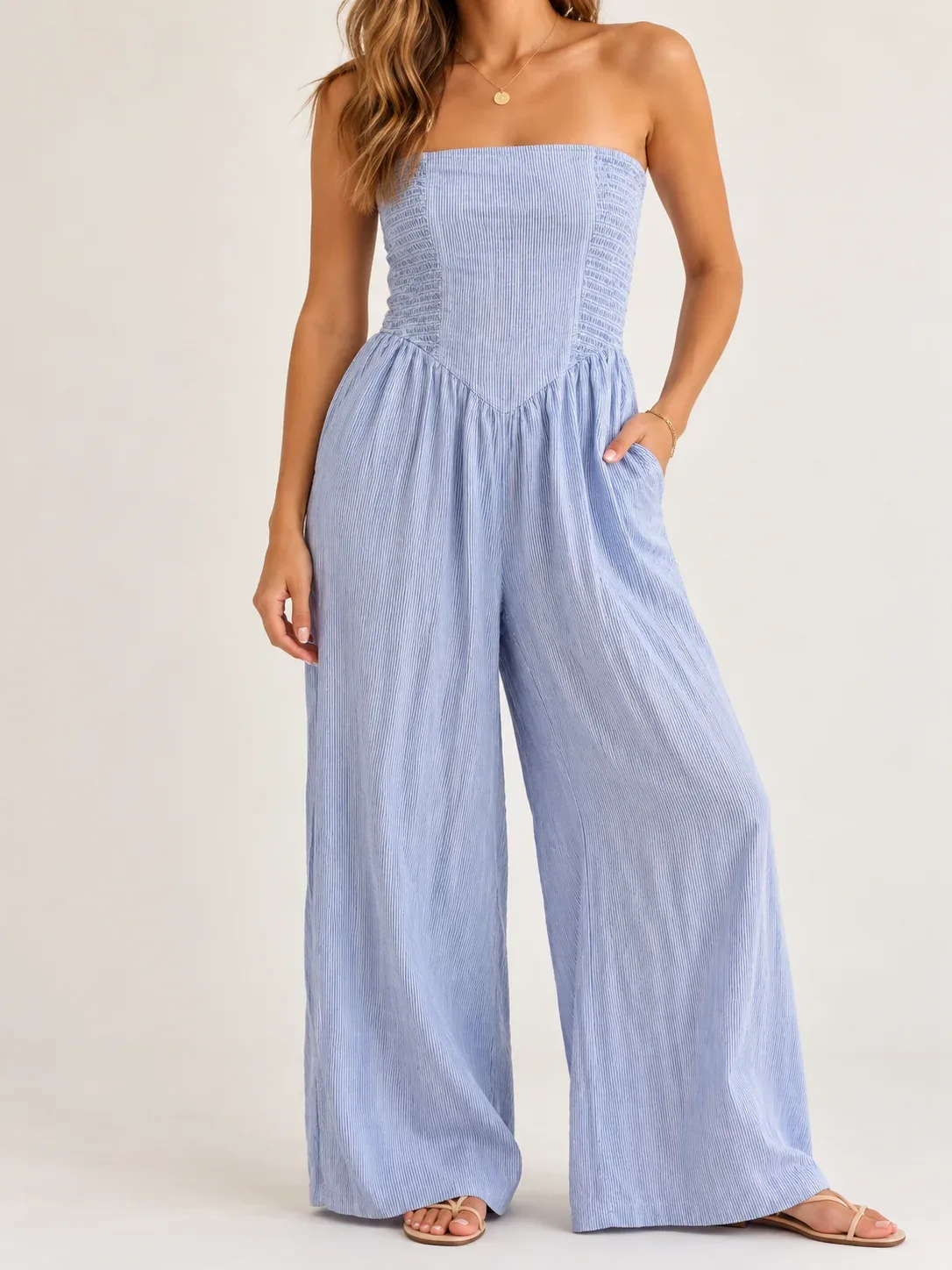 Aerie Women's Blue White Pinstripe Strapless Smocked Wide Leg Jumpsuit Size XL