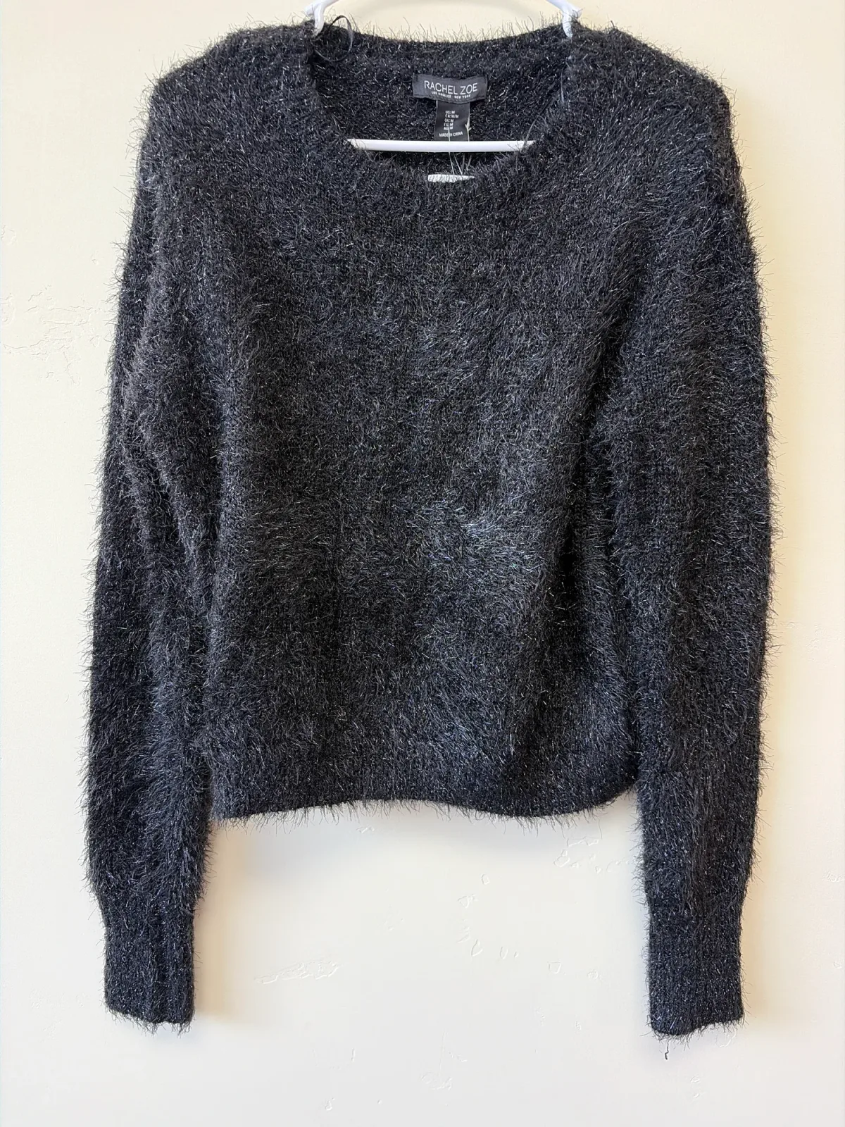 Rachel Zoe NWT Black Fuzzy Eyelash Knit Cropped Crewneck Sweater Women's Size M photo 2