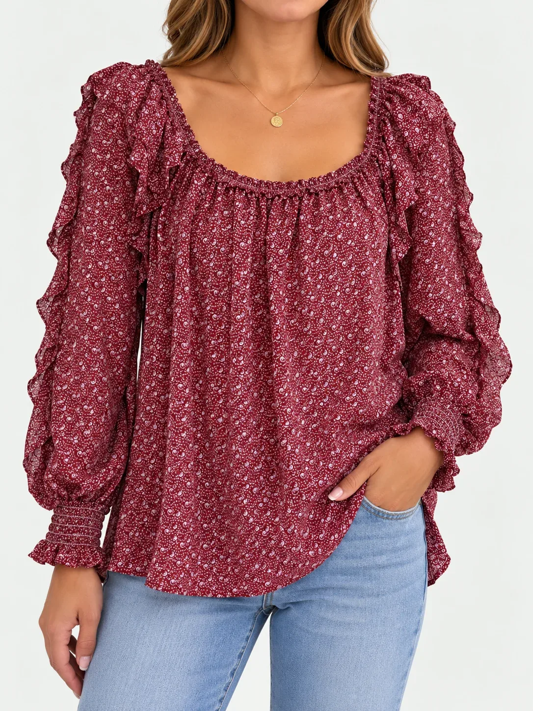 Max Studio Women's Ruffle Accent Long Sleeve Blouse Brick Red Geometric Print NWT Size XL
