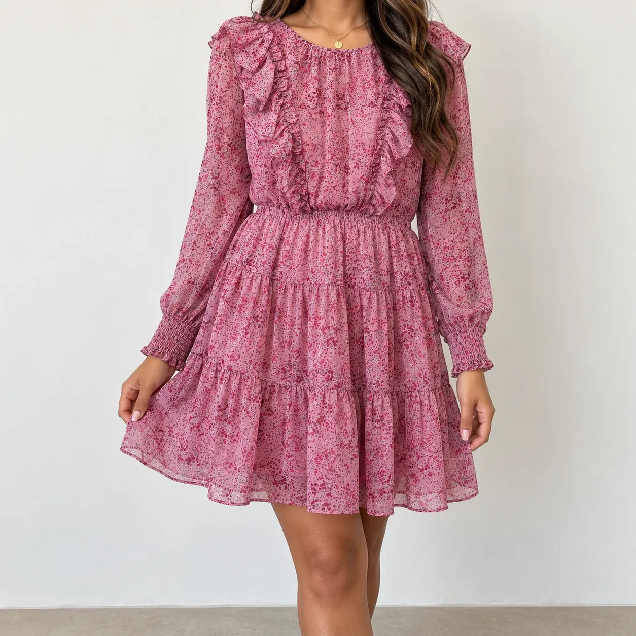 Rachel Parcell Pink Ditzy Floral Chiffon Ruffle Tiered Mini Dress Smocked Size M
