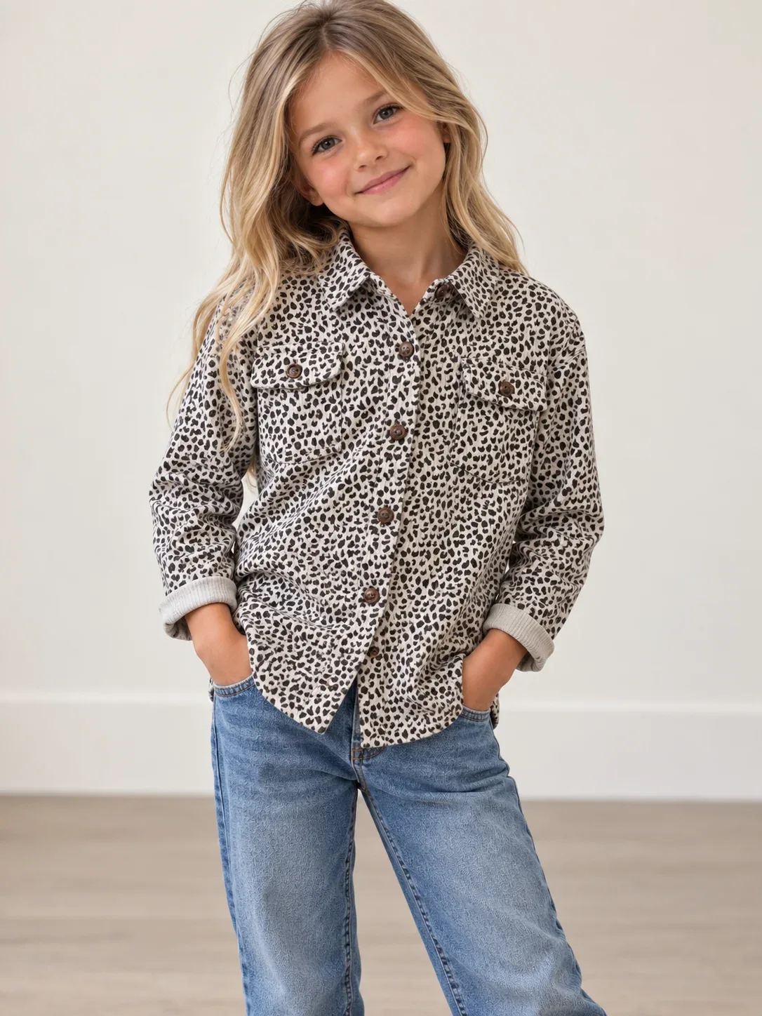 Tiny Whales Kids NWT Wild One Leopard Corduroy Button-Down Shacket - Cream/Brown, Size 6Y