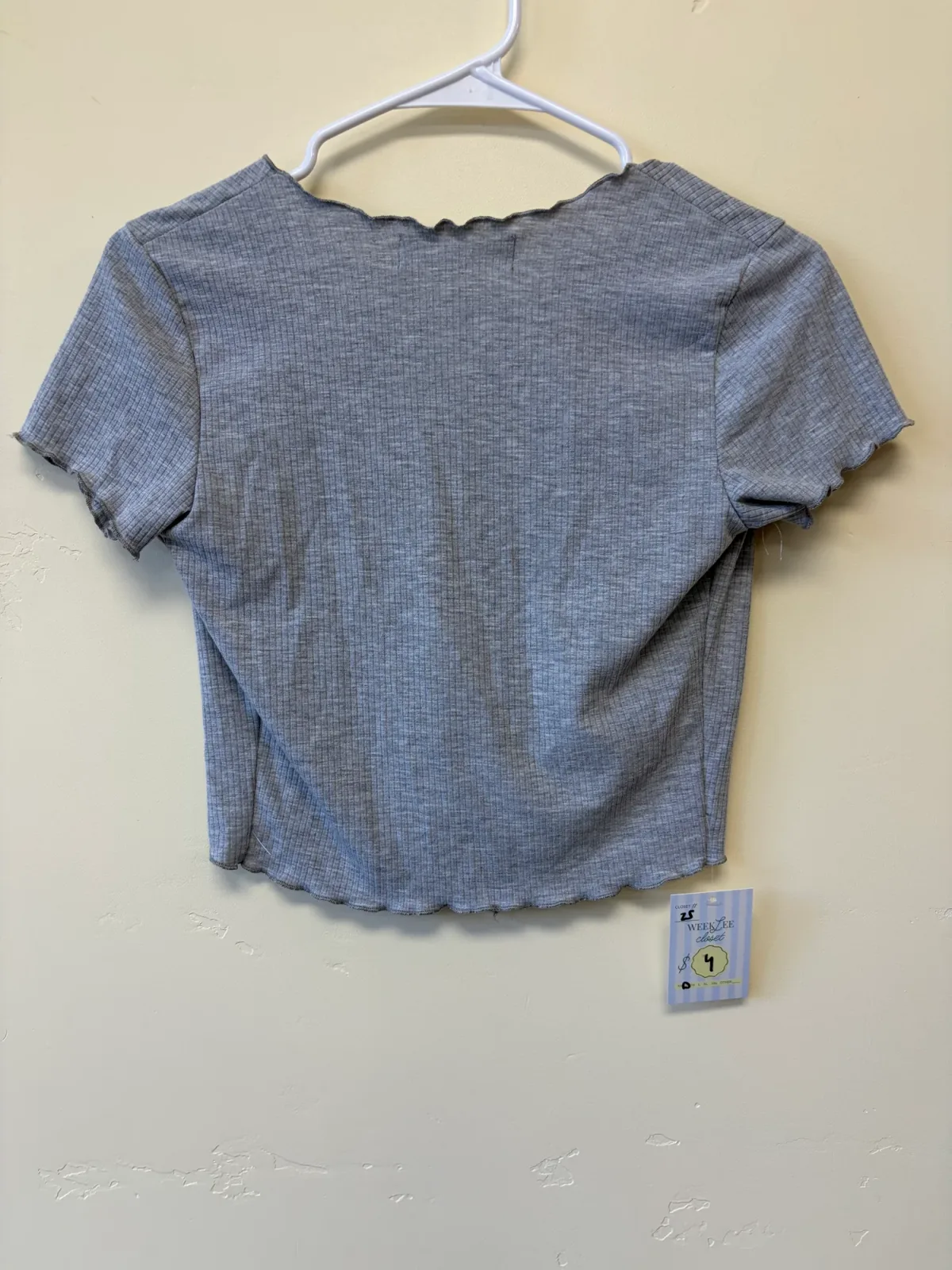 Audrey 3+1 Women's Ribbed Tie Front Crop Top Heather Gray Short Sleeve photo 3