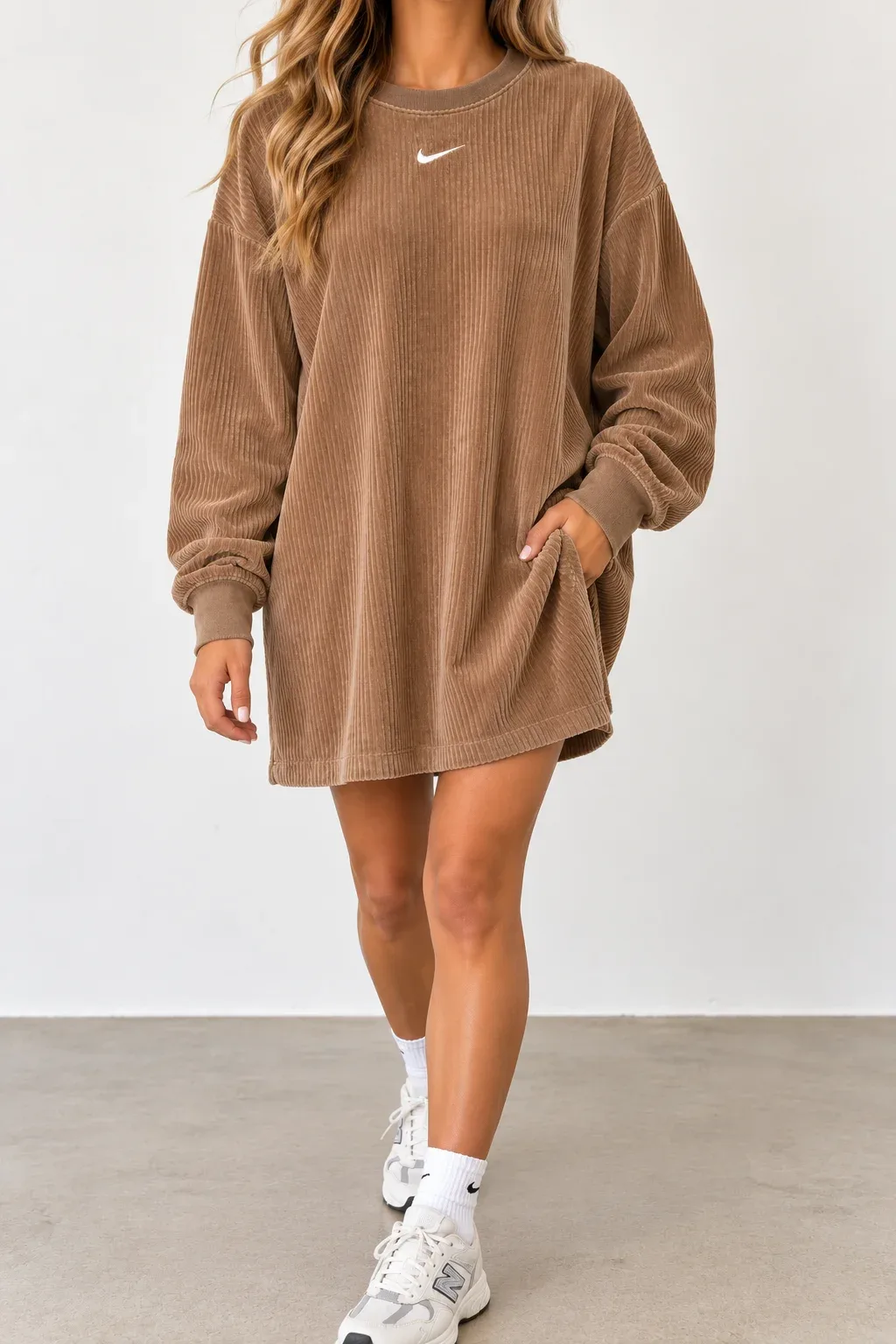 Nike Sportswear Ribbed Velour Long-Sleeve Crewneck Dress in Dark Driftwood - Size S