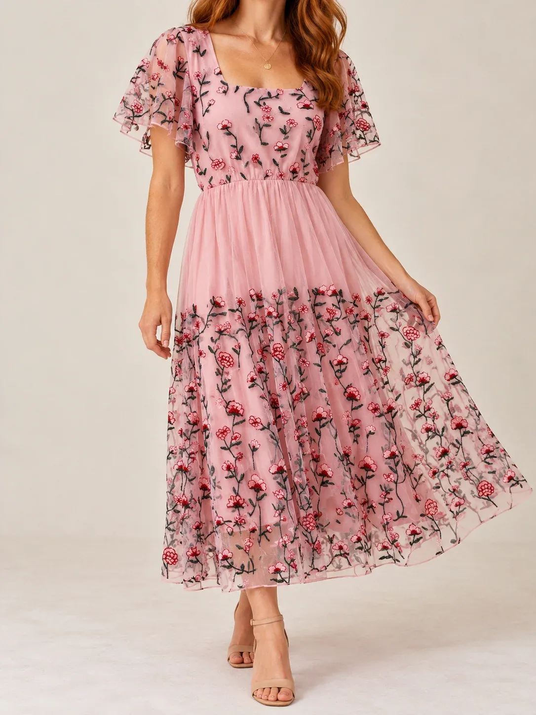 Sweet Salt Embroidered Floral Mesh Midi Dress Pink Square Neck Flutter Sleeve - Women's Size S