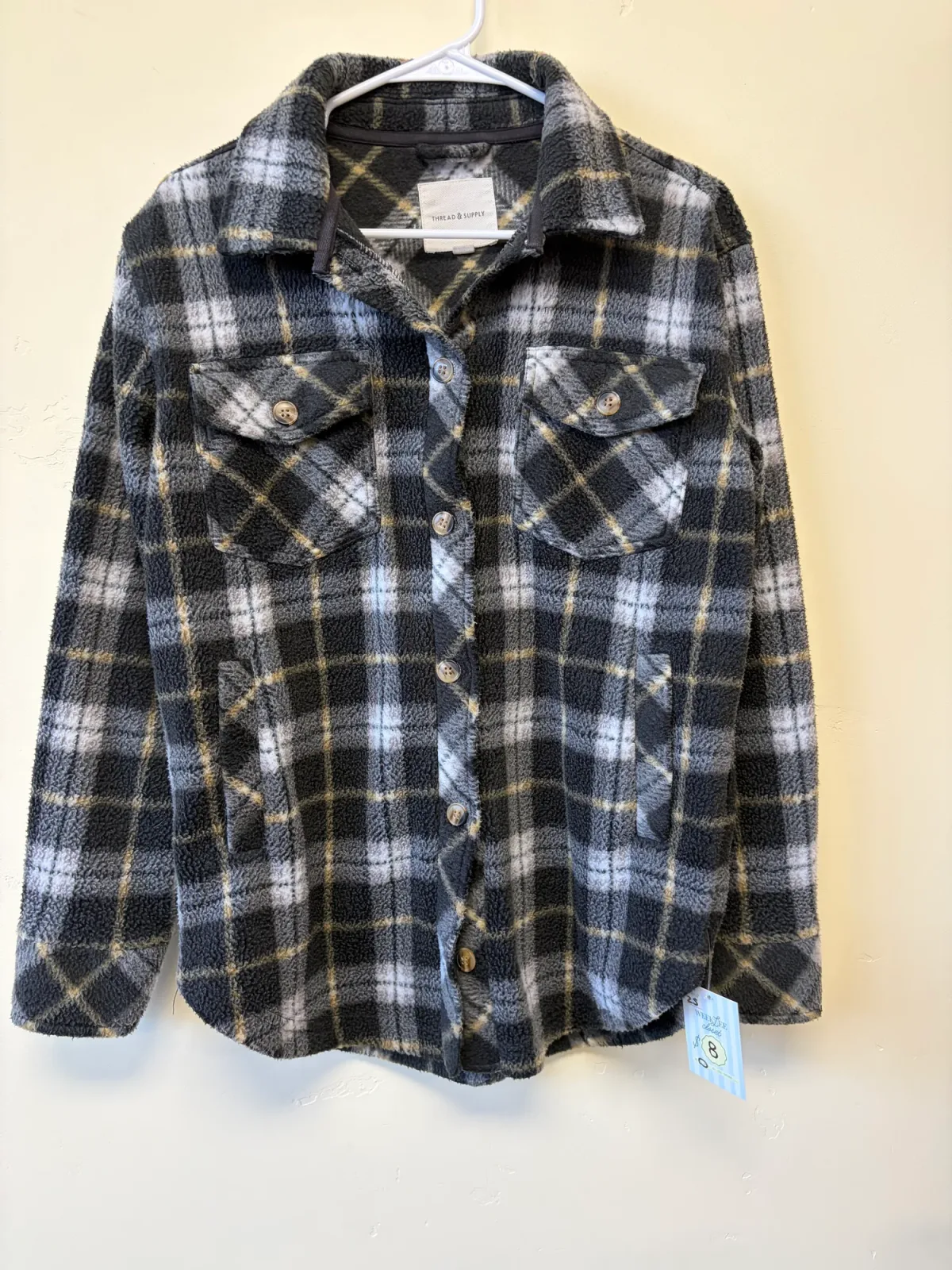 Thread & Supply Women's Fleece Plaid Button Front Shacket Jacket Black Gray Size XS photo 2