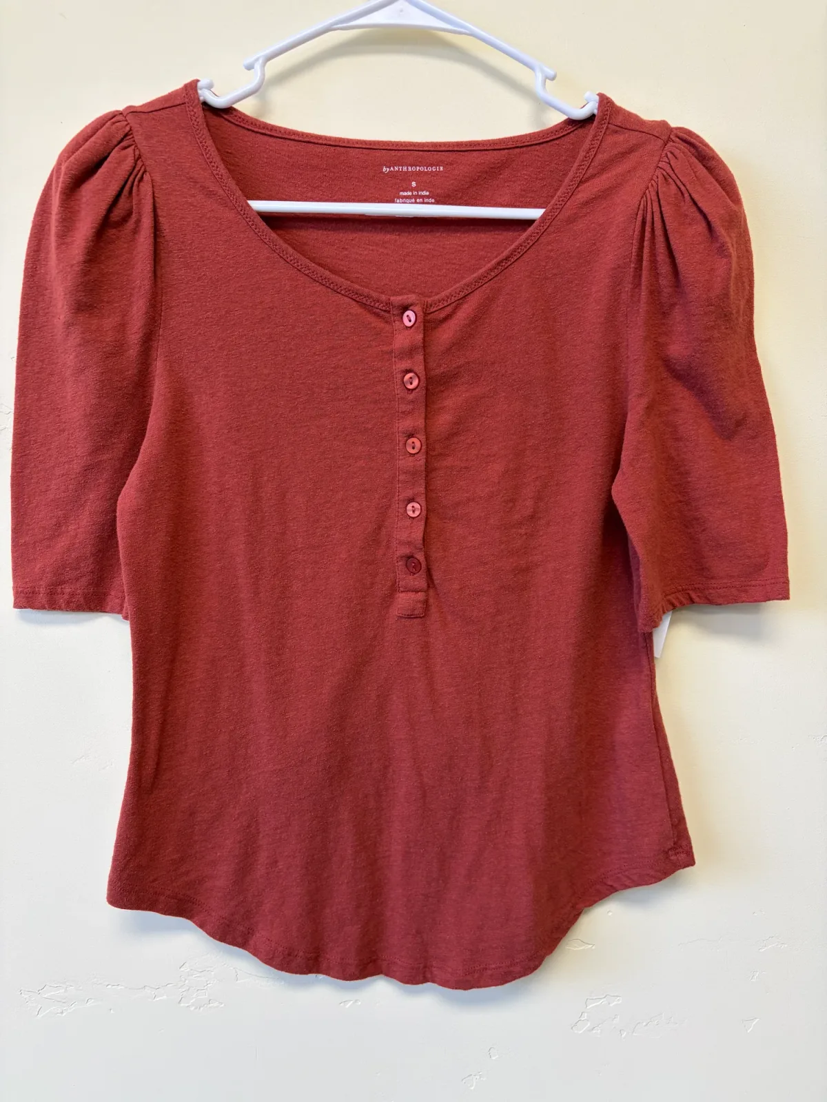 By Anthropologie Women's Puff Sleeve Henley Top Terracotta Rust Orange Size S photo 2