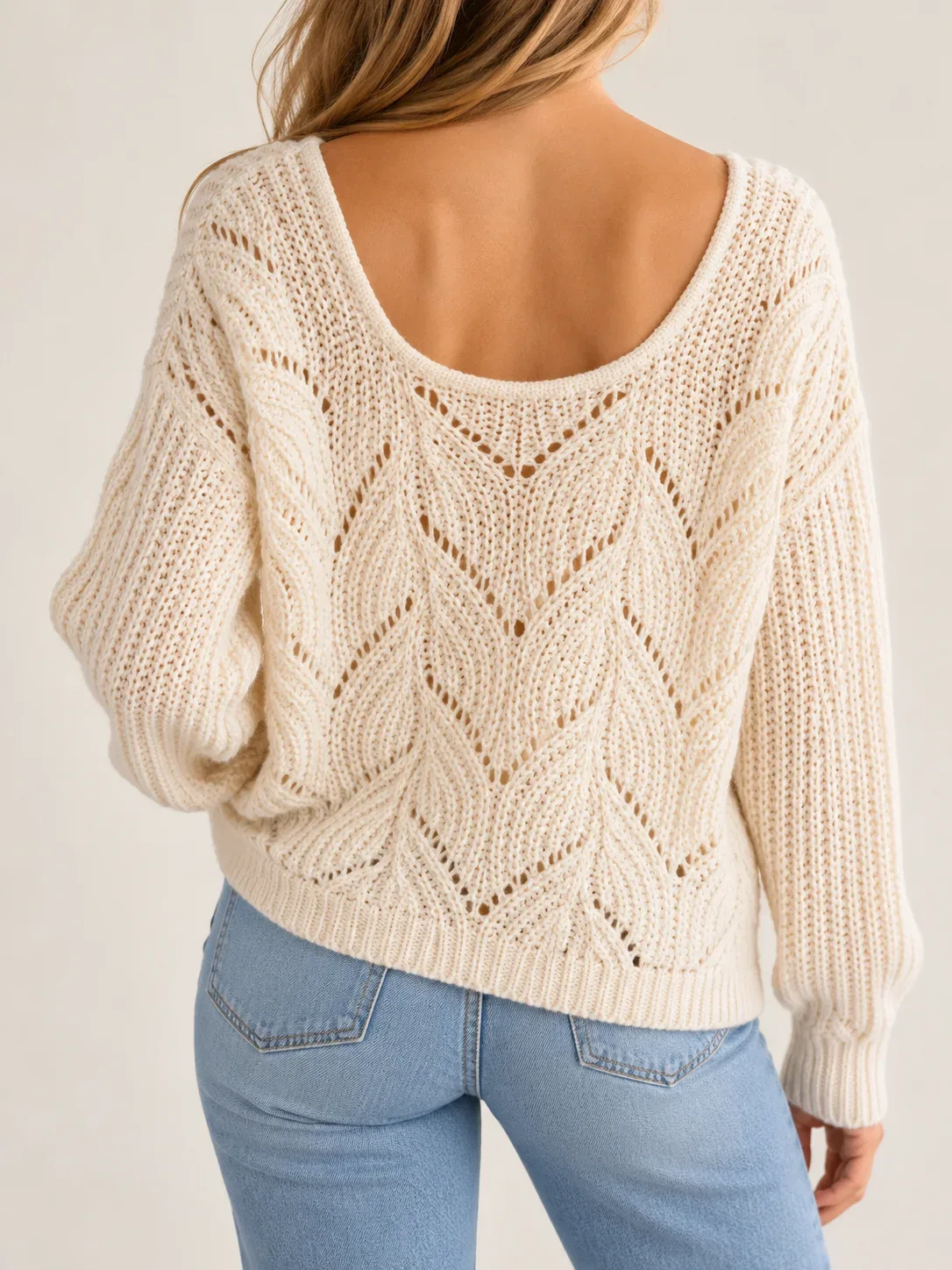 Böhme Women's Cream Off-White Low Scoop Back Open Stitch Cable Knit Sweater Size S