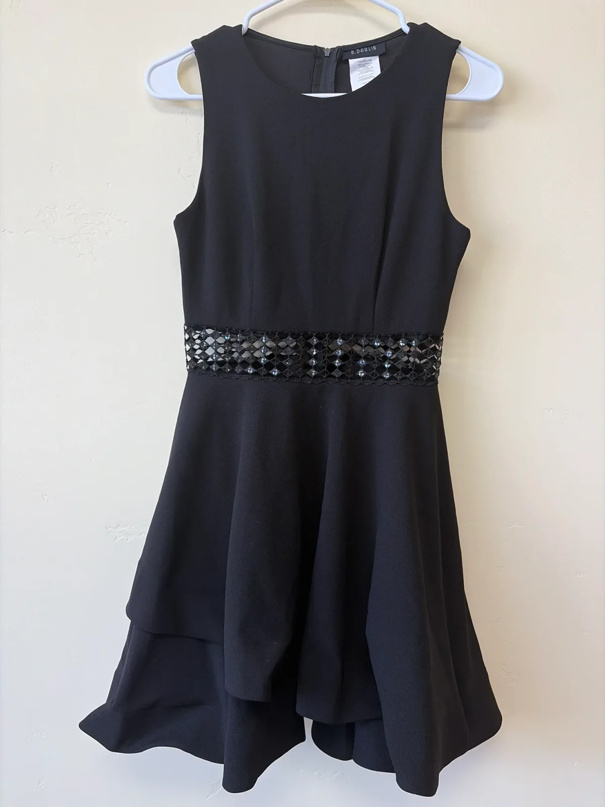 B. Darlin Black Beaded Rhinestone Waist Tiered Fit & Flare Cocktail Dress Size 7/8 photo 2