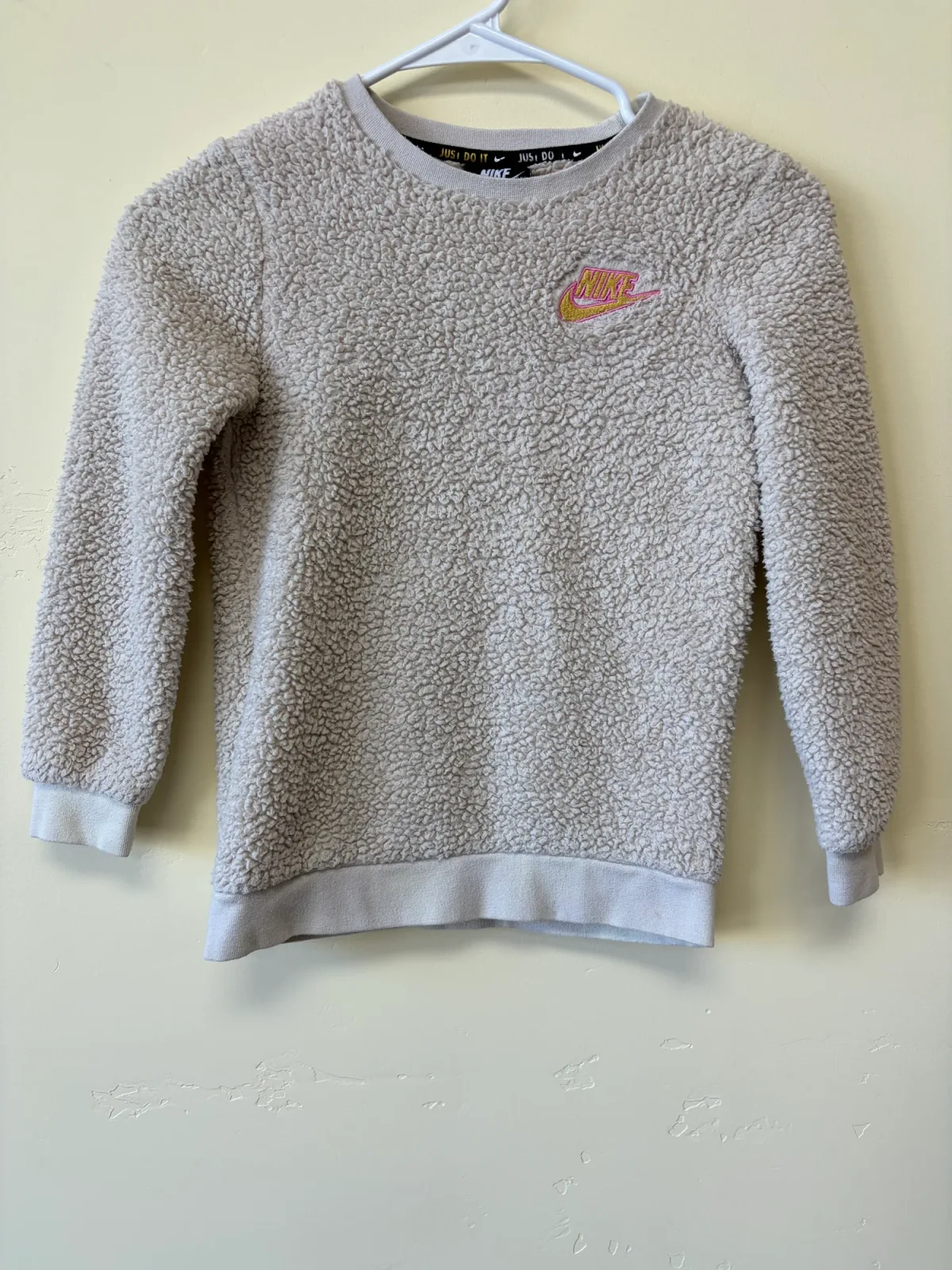 Nike Girls’ Plush Sherpa Fleece Teddy Crewneck Sweatshirt - Off-White Oatmeal, Size 6X photo 2