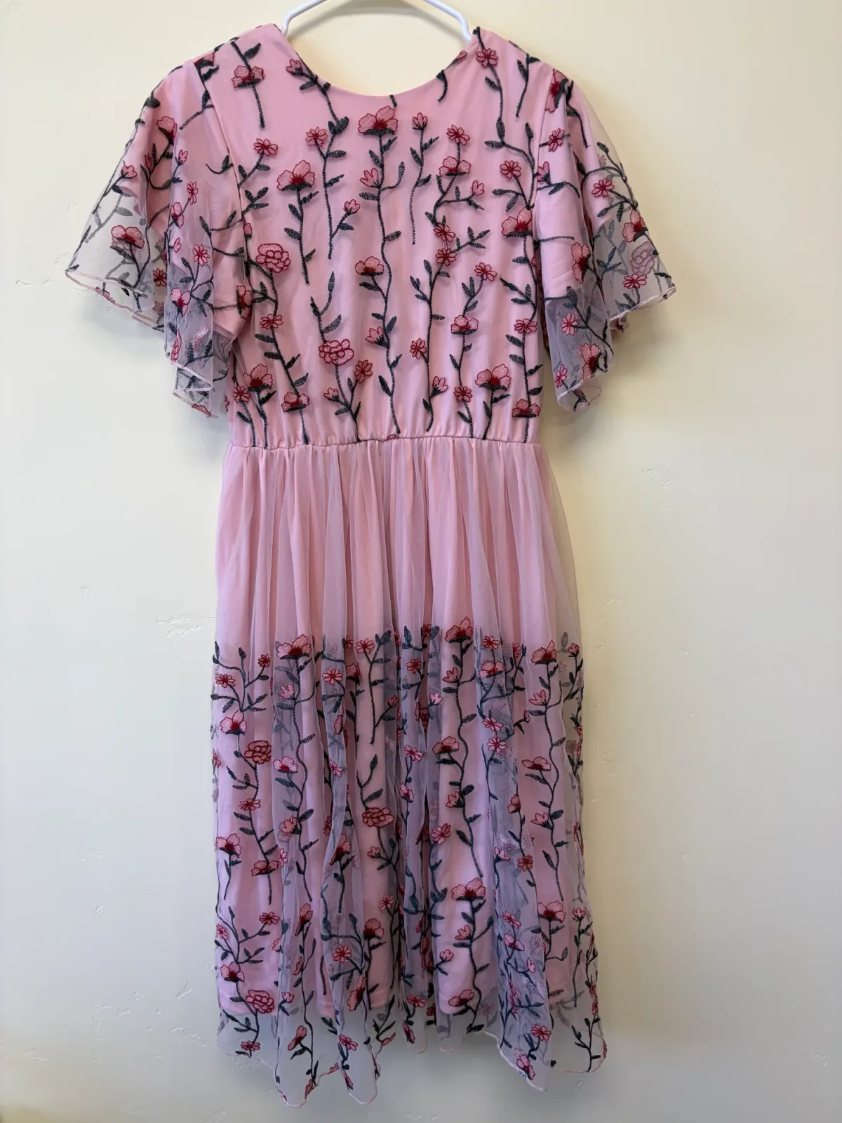 Sweet Salt Embroidered Floral Mesh Midi Dress Pink Square Neck Flutter Sleeve - Women's Size S photo 3