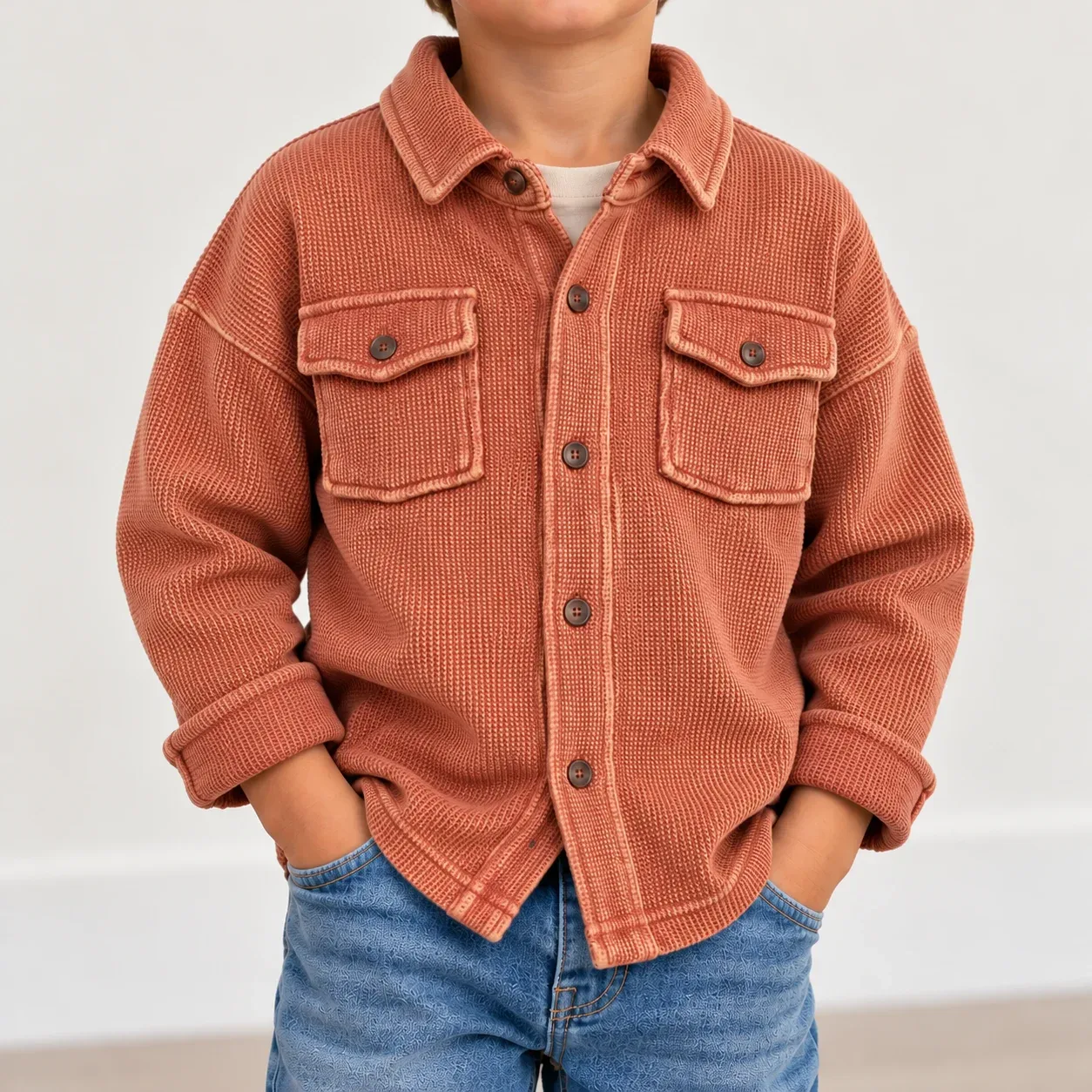 Tiny Whales Kids NWT Moon Child Waffle Thermal Utility Shirt Jacket - Clay/Rust Orange, Size 6Y