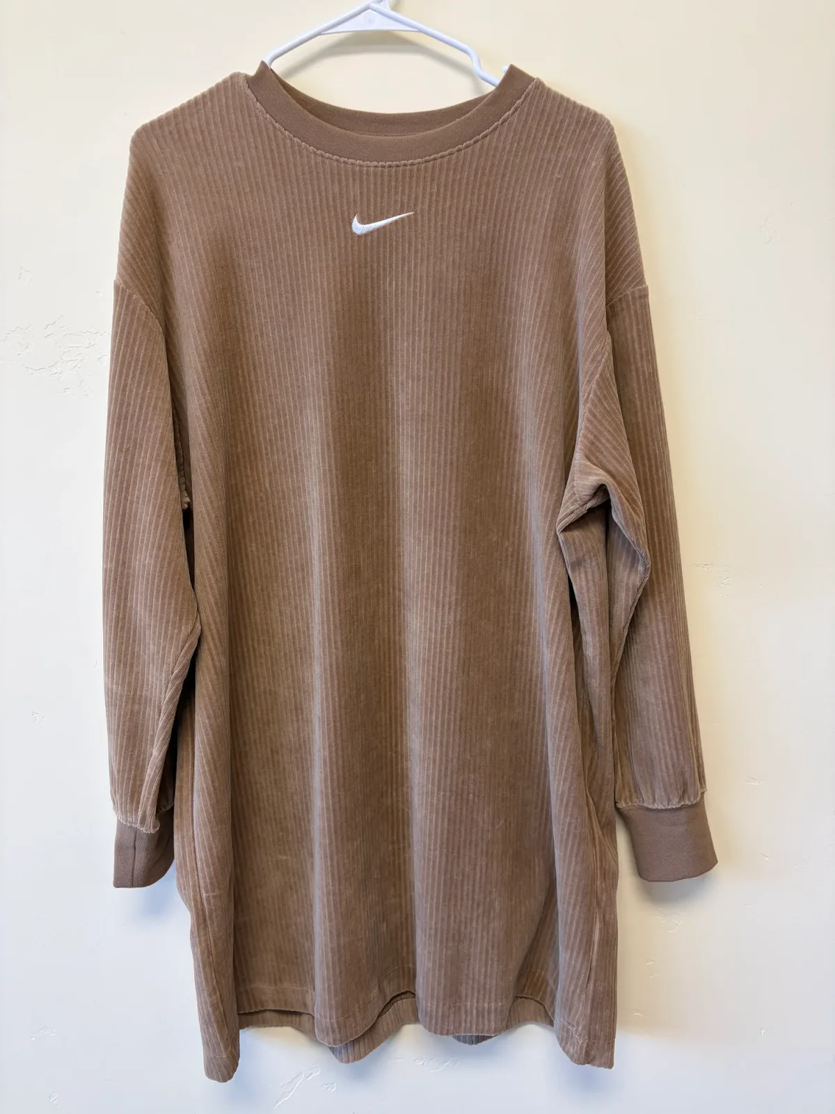 Nike Sportswear Ribbed Velour Long-Sleeve Crewneck Dress in Dark Driftwood - Size S photo 2