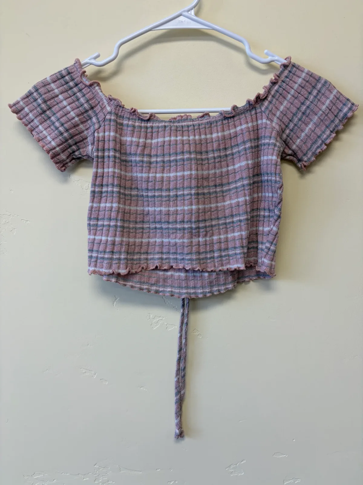 Forever 21 Women's Off the Shoulder Plaid Ribbed Crop Top Pink Size L photo 3